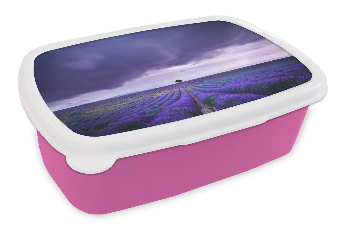 MuchoWow Lunchbox Lila Wolken über Lavendelfeldern, Kunststoff, (2-tlg), Brotbox für Erwachsene, Brotdose Kinder, Snackbox, Mädchen, Kunststoff rosa
