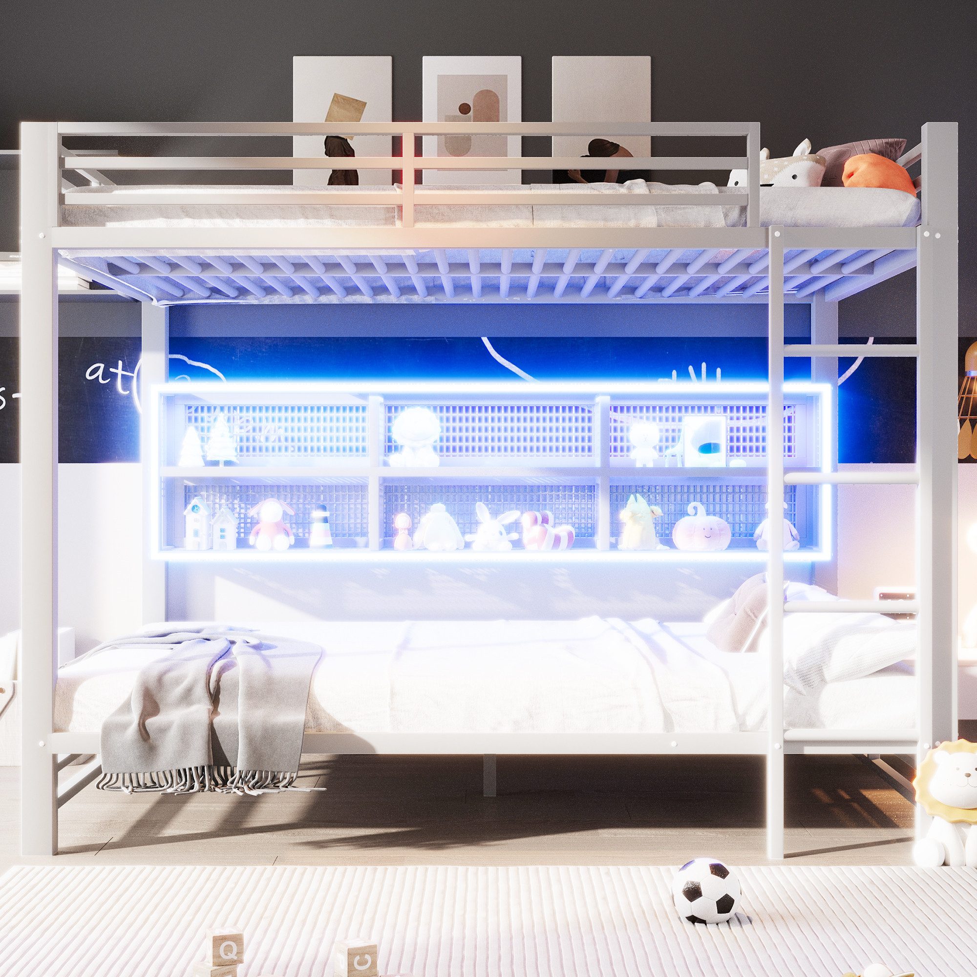Merax Etagenbett 140x200cm mit LED-Beleuchtung (204 x 146 x 160 cm, 1-St., Jugendbett Stockbett Doppelbett), Metallbett Kinderbett mit 6 Stauraumschränken, Leiter, Zaun & Stauraum