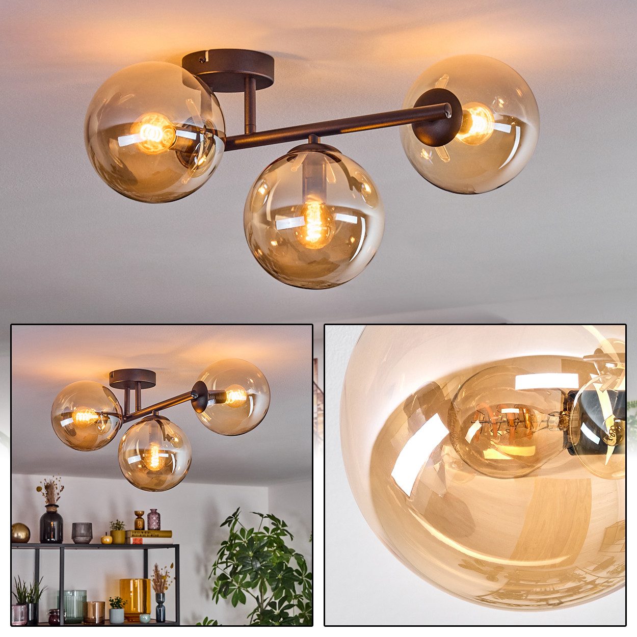 hofstein Deckenleuchte Deckenlampe aus Metall/Glas in Schwarz/Bernsteinfarb günstig online kaufen
