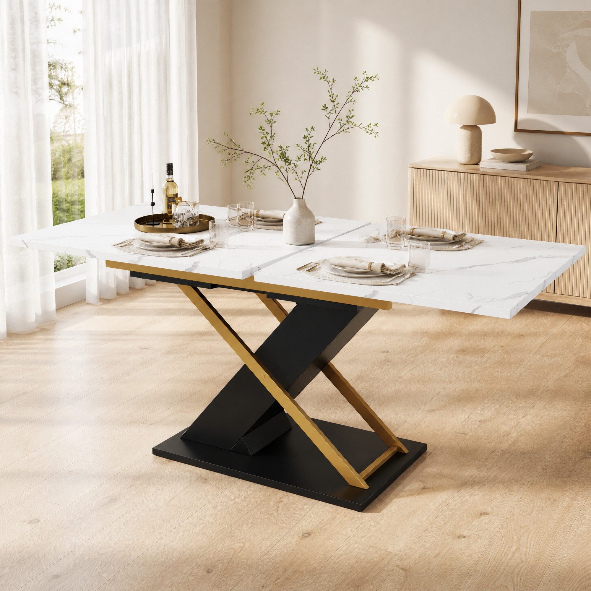 REDOM Esstisch Esstisch Teleskoptisch,Moderne Esstisch (mit goldenen Kreuzbeinen, ausziehbar auf 160cm, Marmormuster MDF)