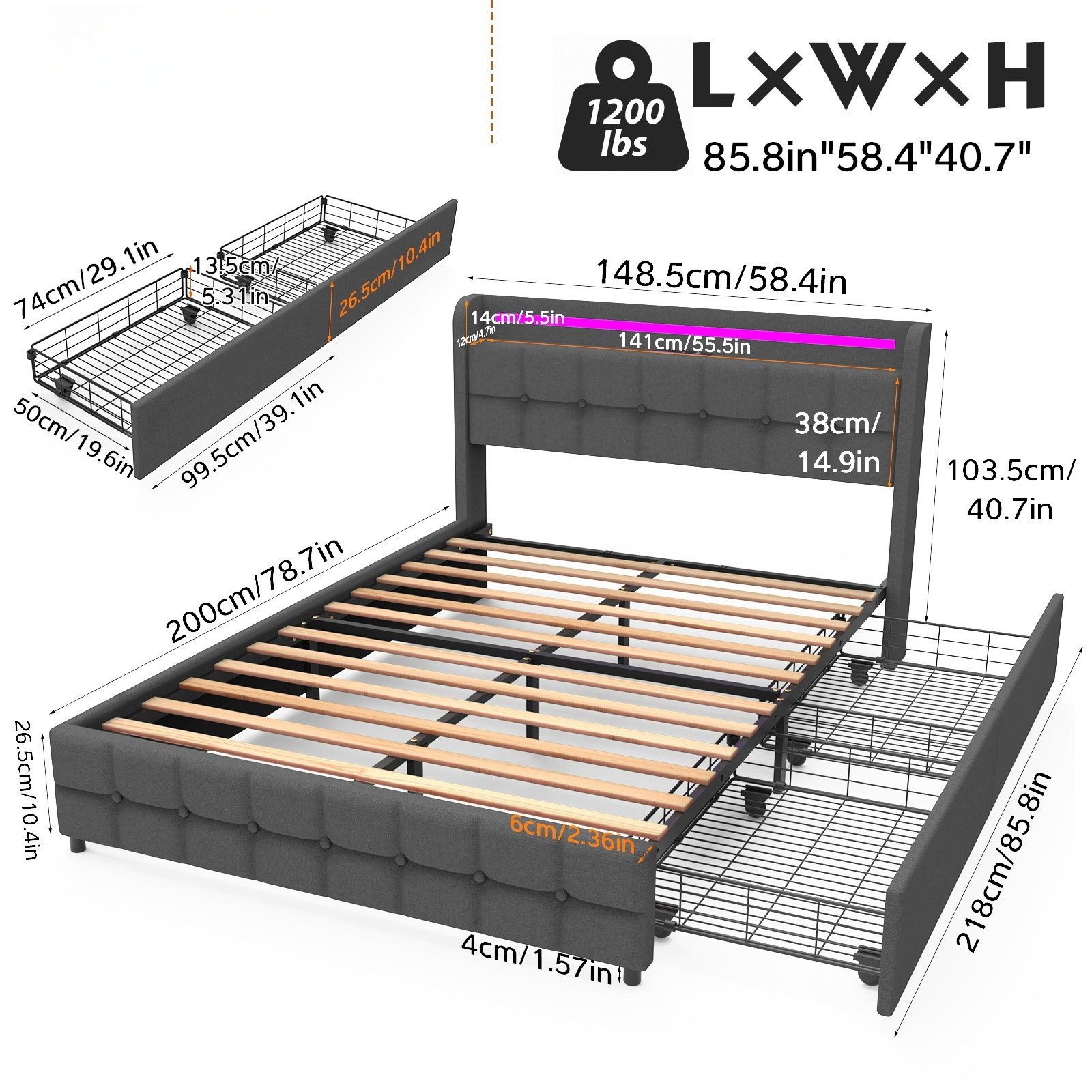 LETGOSPT Polsterbett Doppelbett 140x200 cm, Polsterbett mit LED,Ladefunktio günstig online kaufen