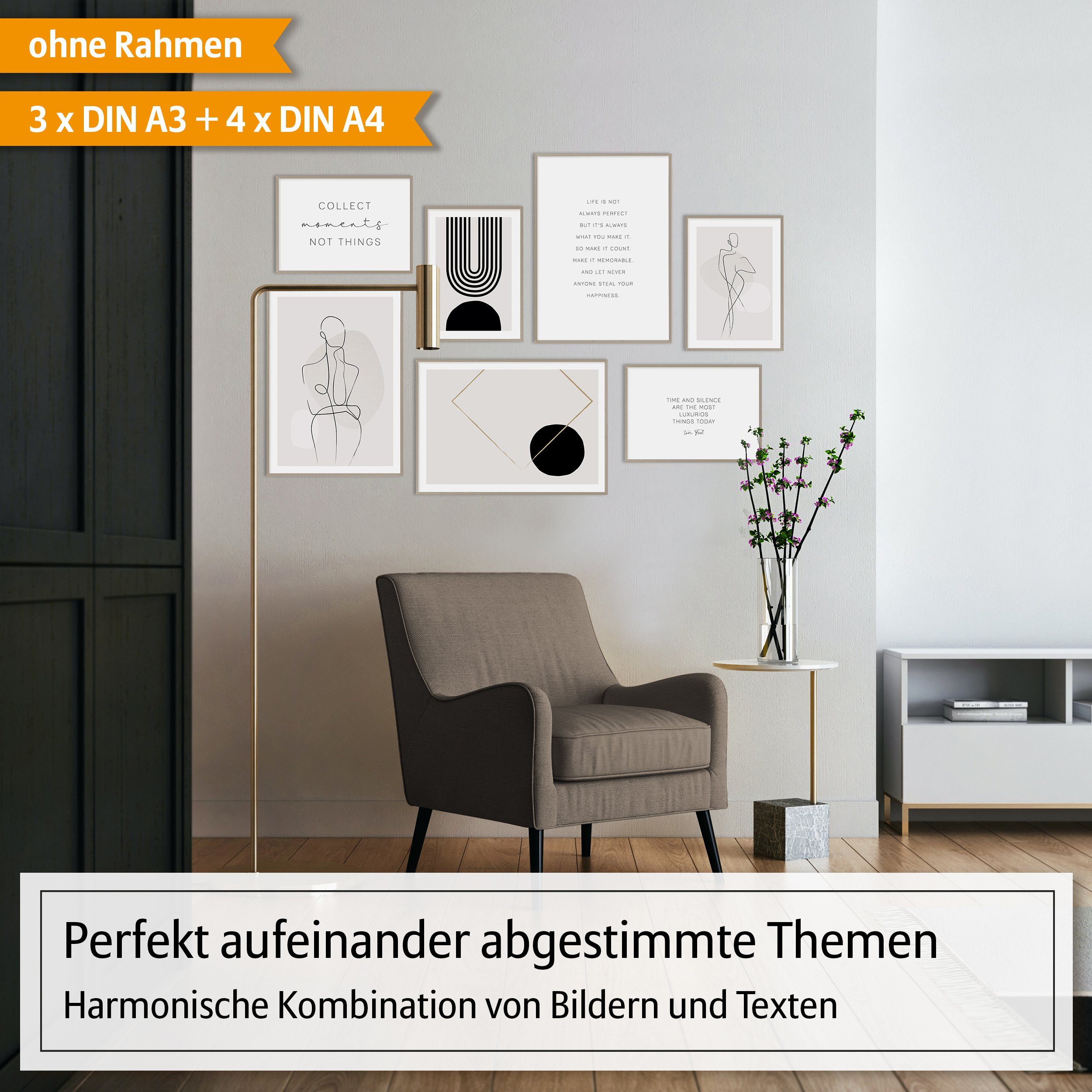 Hyggelig Home Poster Linien schwarz-weiß, Premium Poster Set OHNE & MIT Rahmen - Wandbilder, Abstrakt (Set, 7 St), Collage Line Art, Qualitätsdruck auf dickem Papier