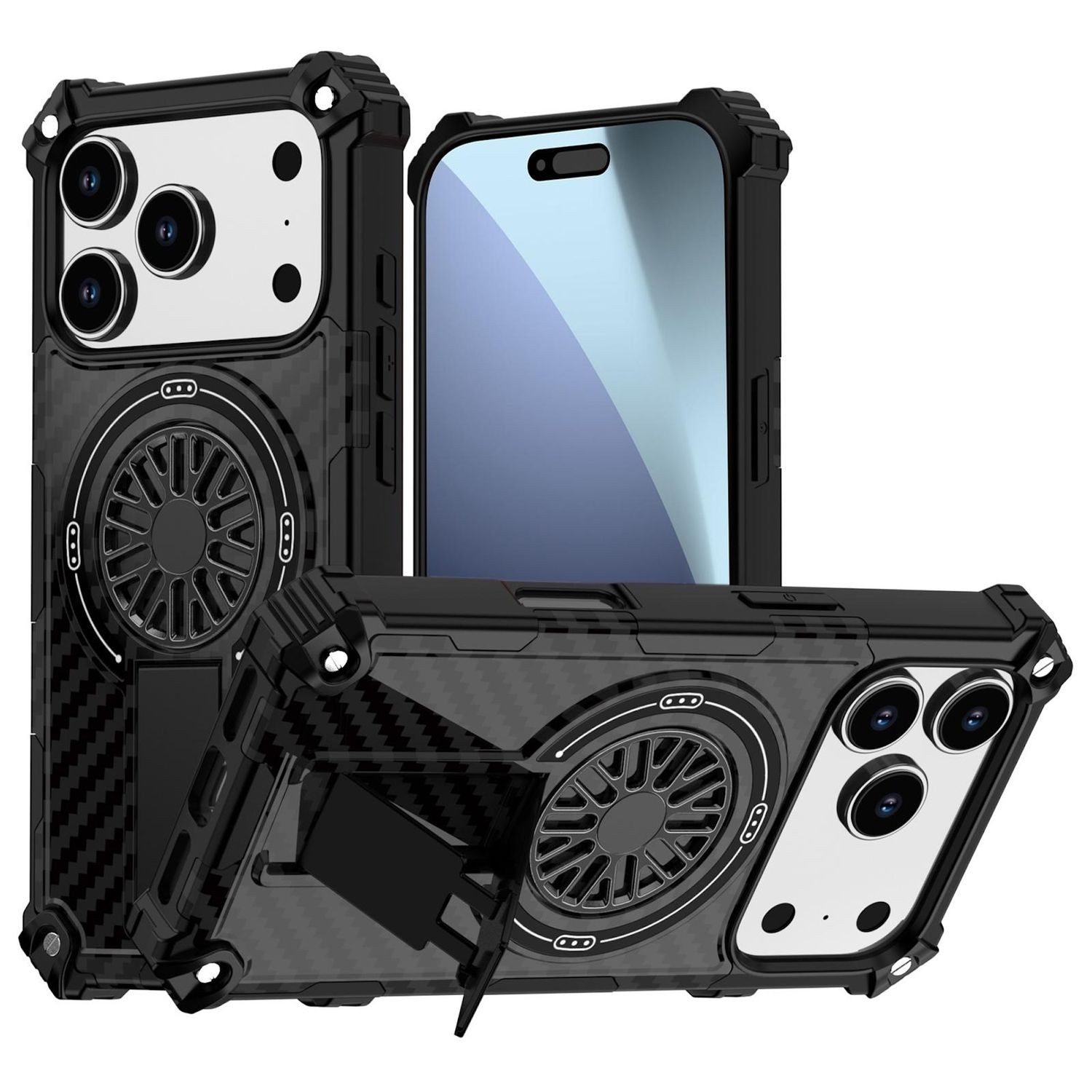 Wigento Handyhülle Für Apple iPhone 17 Pro Camouflage MagSafe Kickstand Hülle Schwarz, Camouflage MagSafe Hülle mit 360 Grad Kickstand