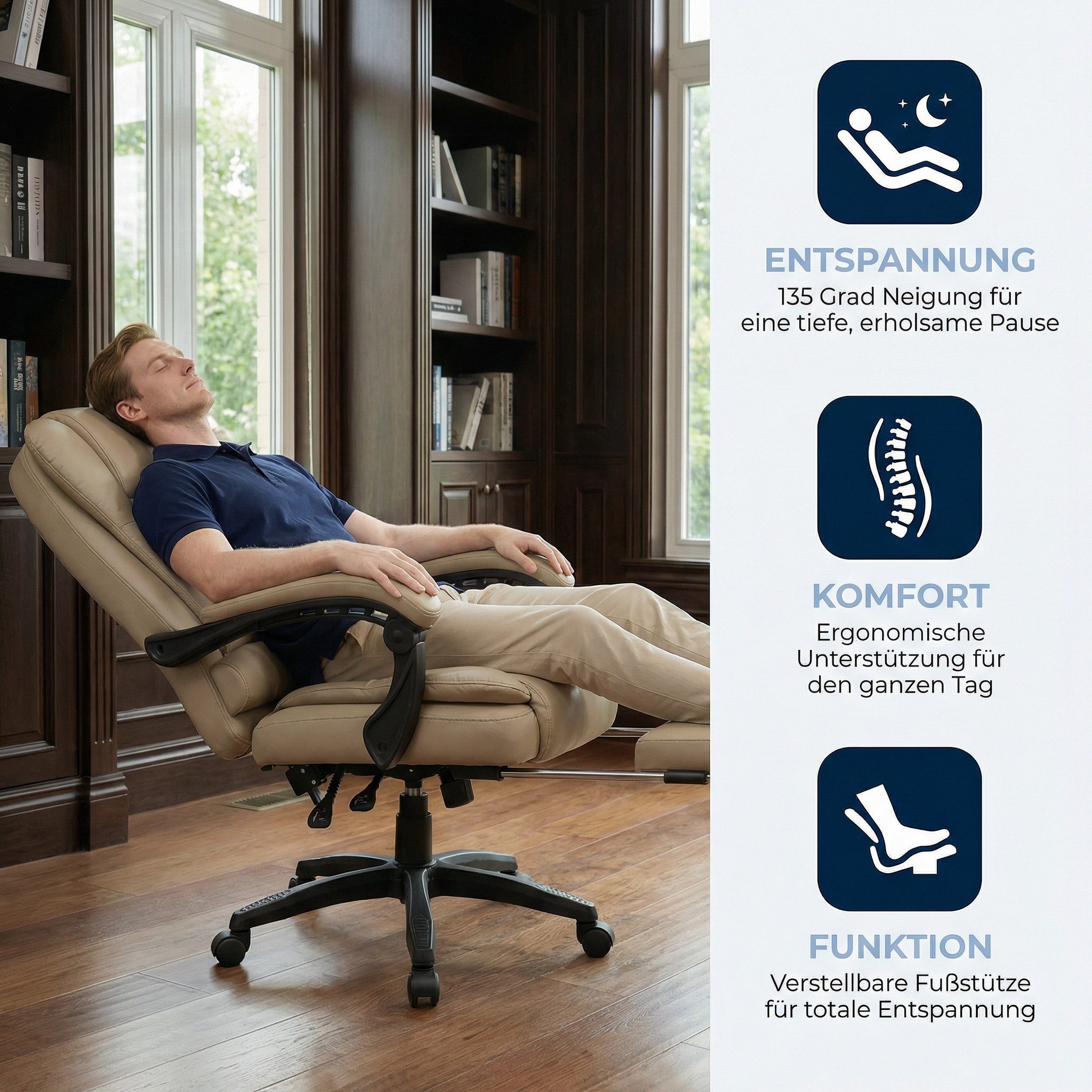 Huracan Schreibtischstuhl Luxus Bürostuhl mit Liegefunktion, 135° Neigung, Ergonomischer Chefsessel, Drehstuhl bis 150 kg Belastbarkeit