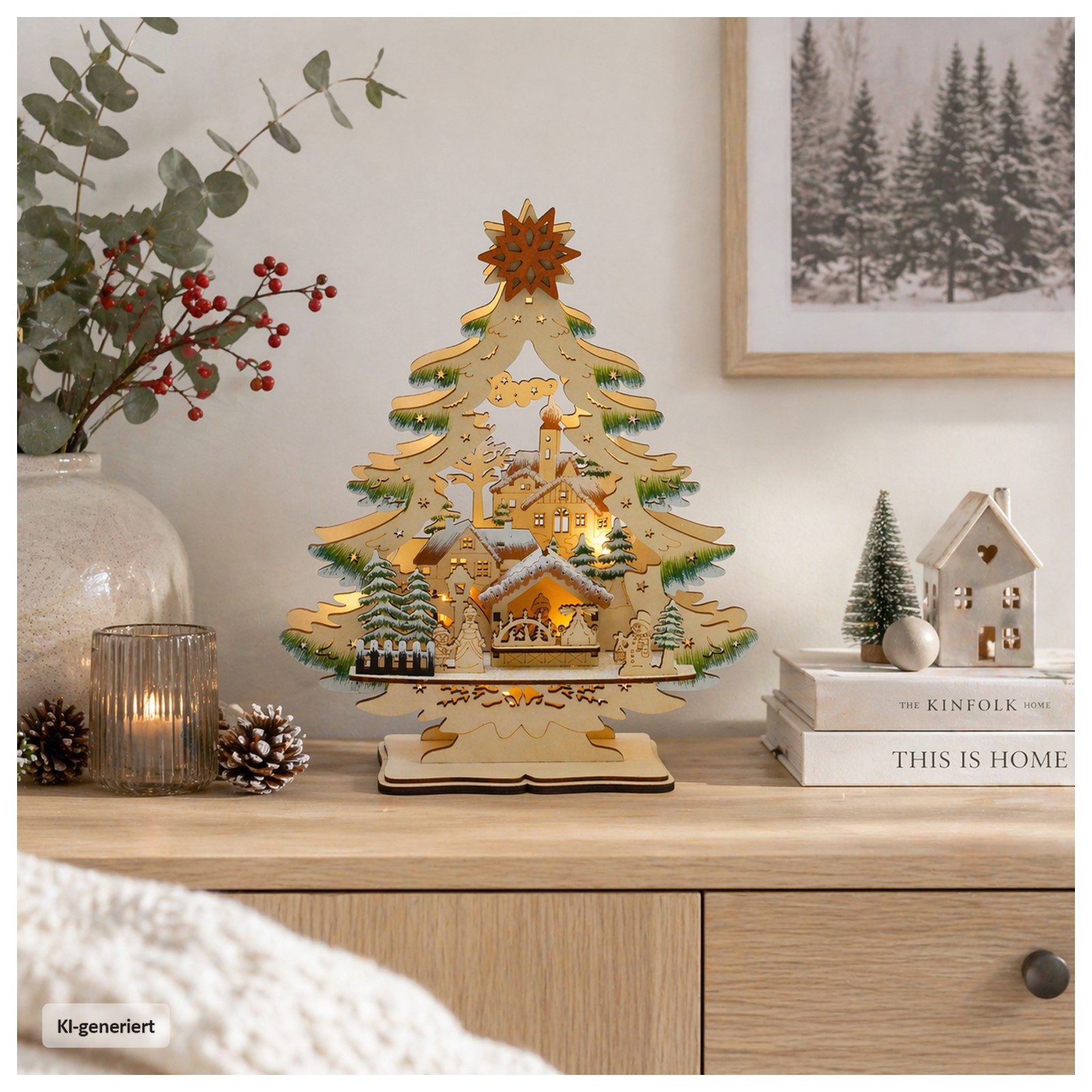 HTI-Living Schwibbogen LED Schwibbogen Weihnachtsbaum mit verschneitem Winterdorf (1-tlg), Lichterspitze aus Holz, batteriebetrieben – Bild 3 von 3