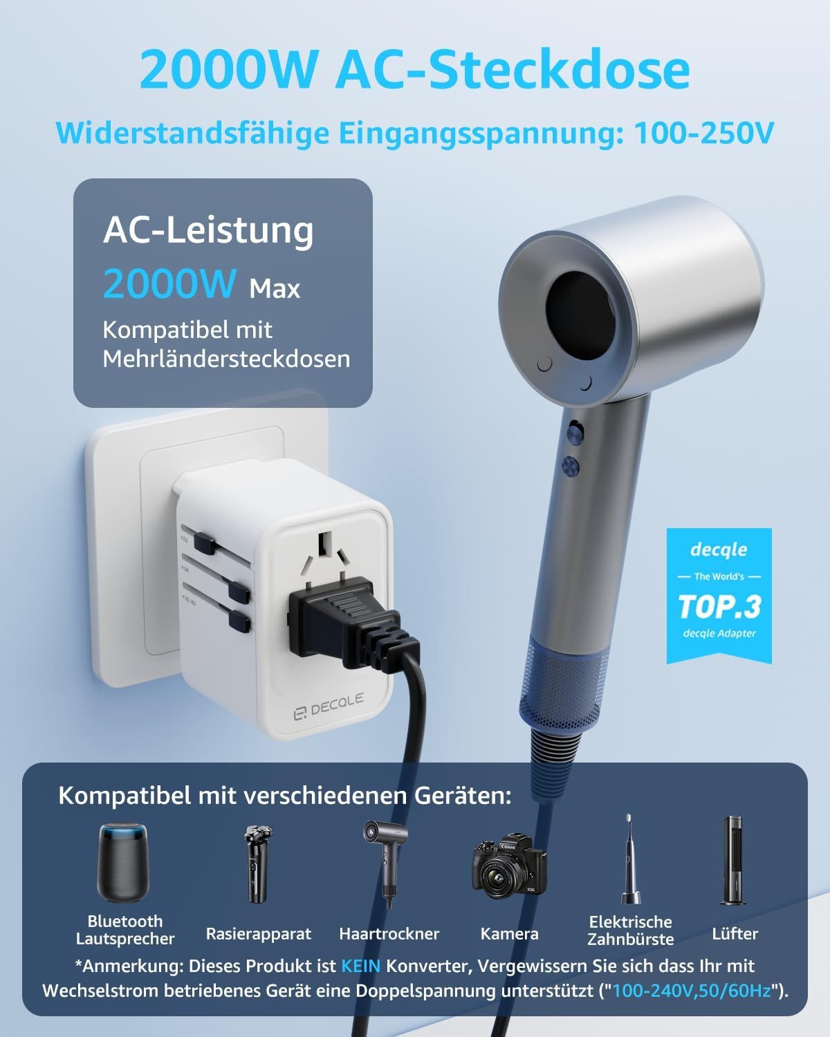 LaCute Universal Reiseadapter Weltweit mit USB-C PD 20W Ladefunktion Reiseadapter EU, AU, UK, US zu AC Steckdose, USB-C PD 20W, 3 USB Anschlüsse, 4 Steckertypen, weltweit nutzbar