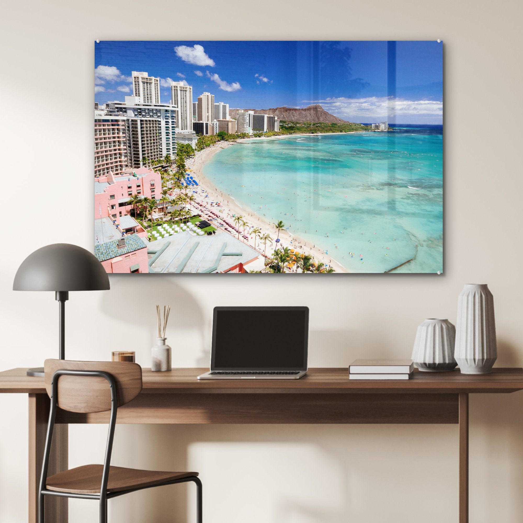 Wohnzimmer Krater Head Diamond Waikiki Beach St), und Acrylglasbild (1 MuchoWow der & Schlafzimmer auf Hawaii, Acrylglasbilder
