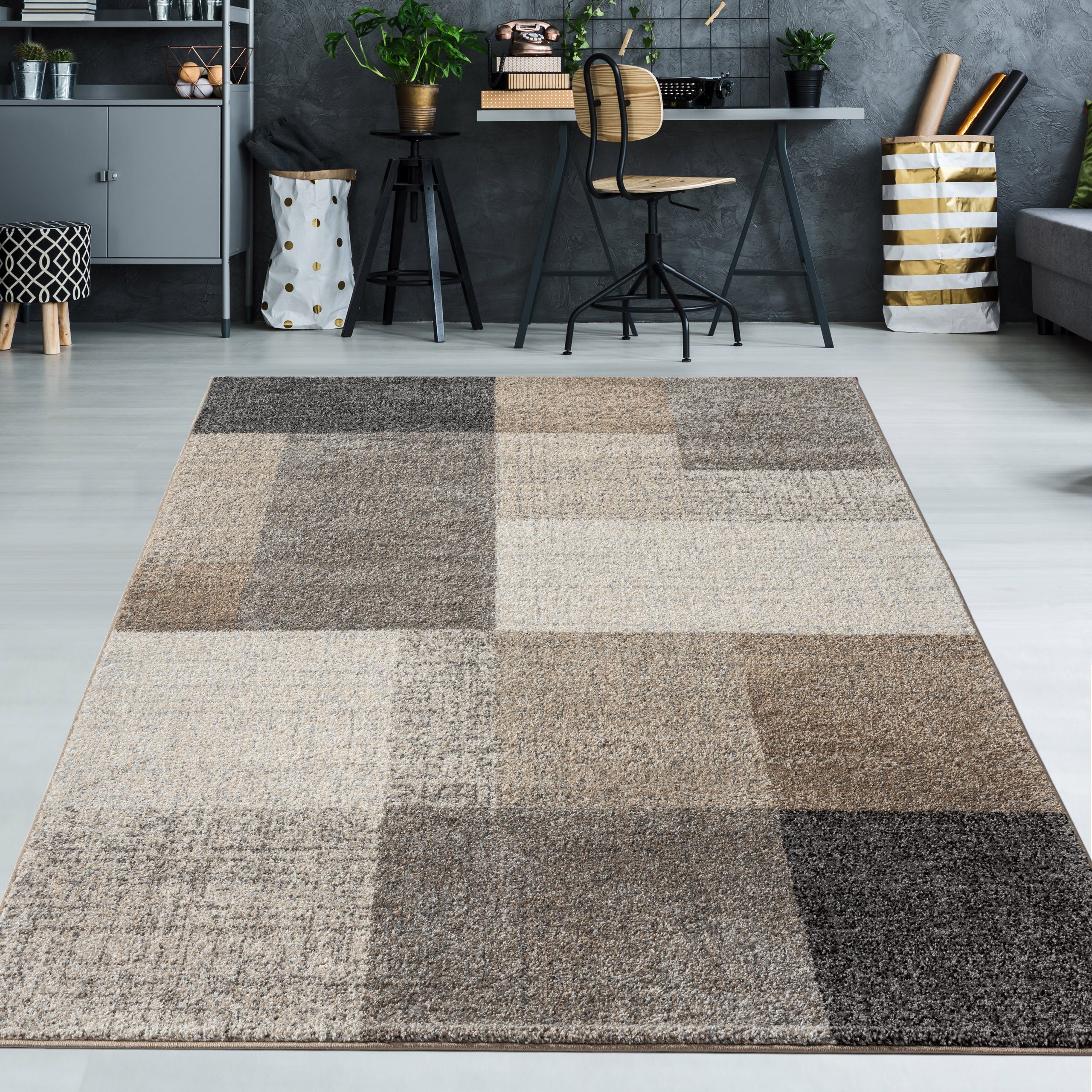Teppich Moderner Teppich mit quadratischen Mustern grau beige,  TeppichHome24, rechteckig