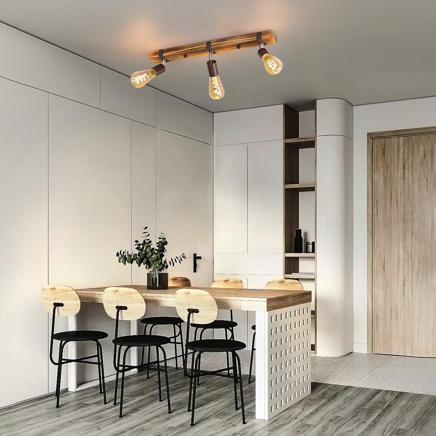 Nettlife Deckenstrahler Holz Wohnzimmer 3 flammig Vintage E27 55CM verstellbaren Strahler, 360° Drehbar, LED fest integriert, Flur Küche Esszimmer Bar