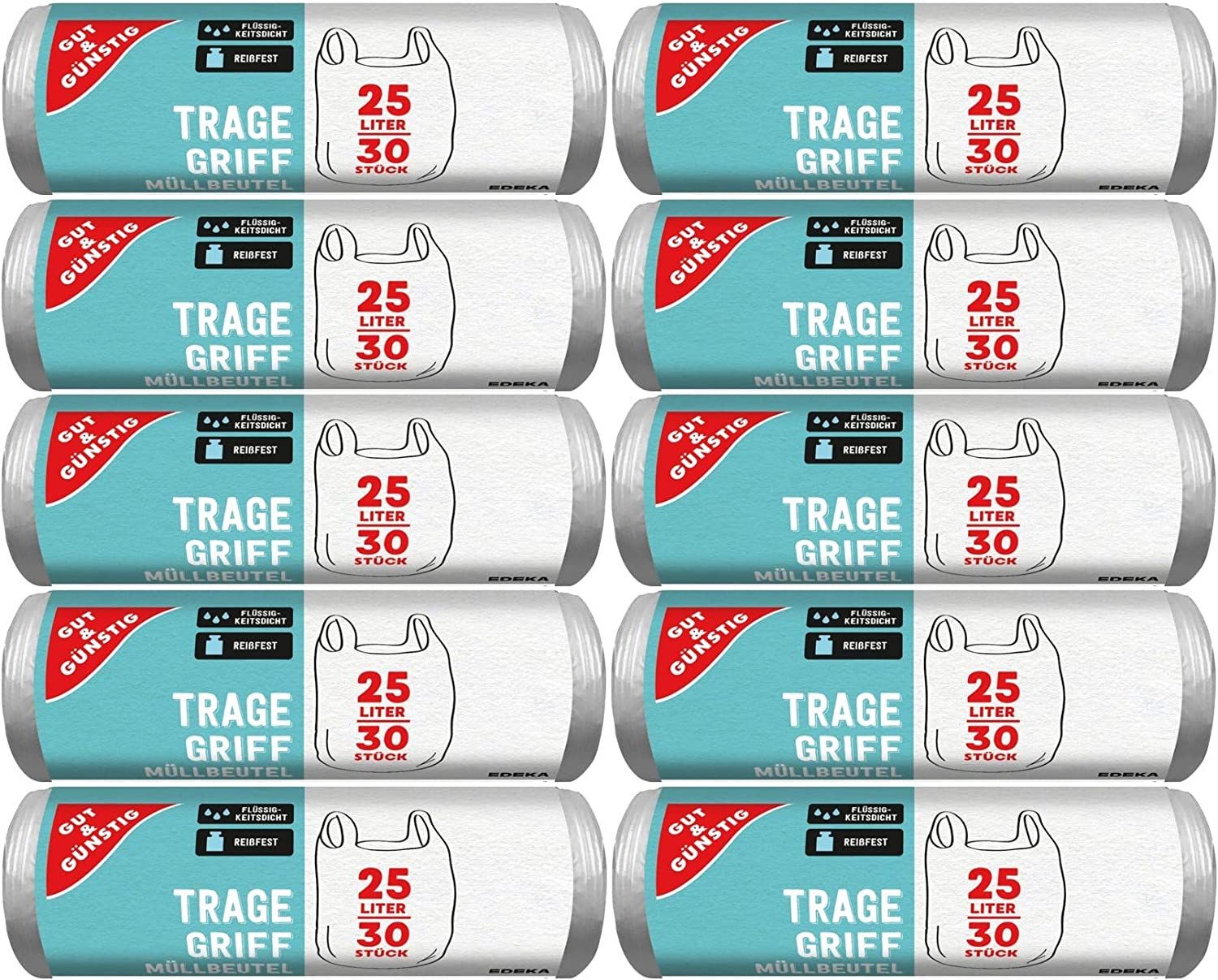 Gut & Günstig Müllbeutel Müllbeutel mit Tragegriff, 25 Liter, 30 Stück pro Rolle, reißfest, Flüssigkeitsdicht, Produkt & Verpackung recyclebar, 10er Pack
