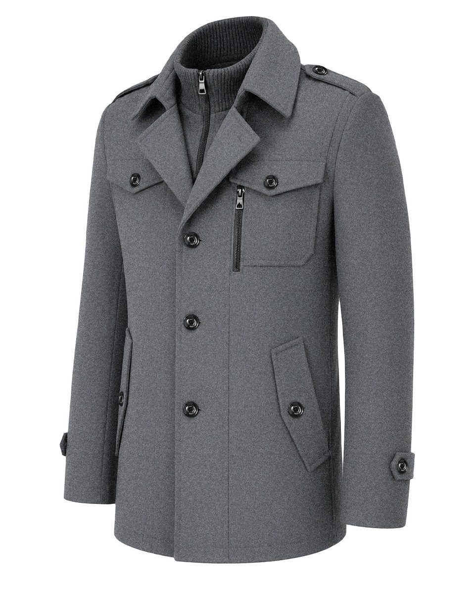 Allthemen Kurzmantel Herren Slim Fit Wollmantel mit abnehmbarem Doppelkragen Wintermantel