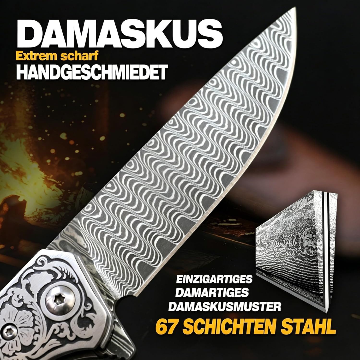 KingLux Damastmesser Damaststahl Zweihand klappmesser Taschenmesser mit Liner Lock