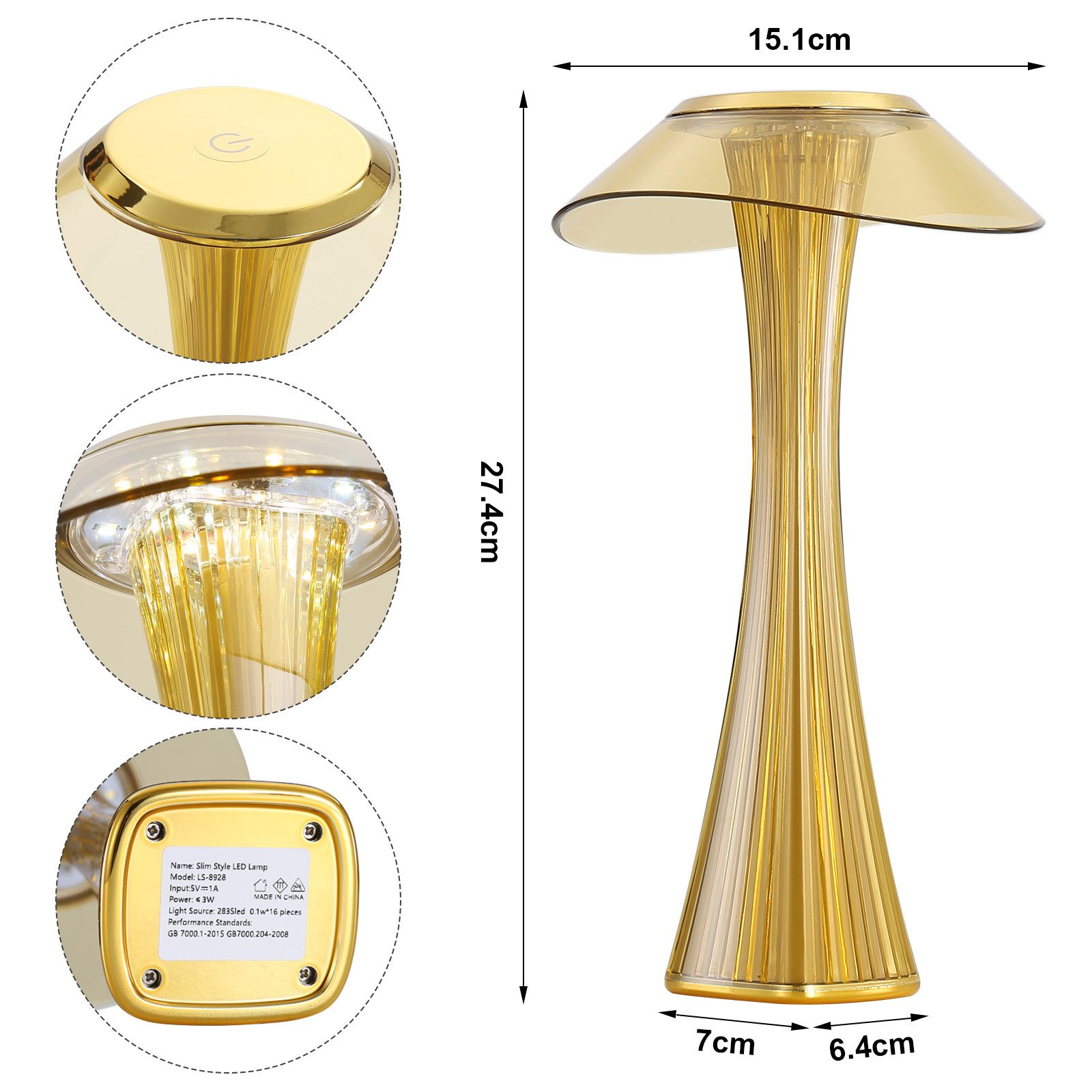 ZMH Tischleuchte Touch Dimmbar 3000-6500K Weiß/Gold Nachttischlampe mit Akku Innen, LED fest integriert