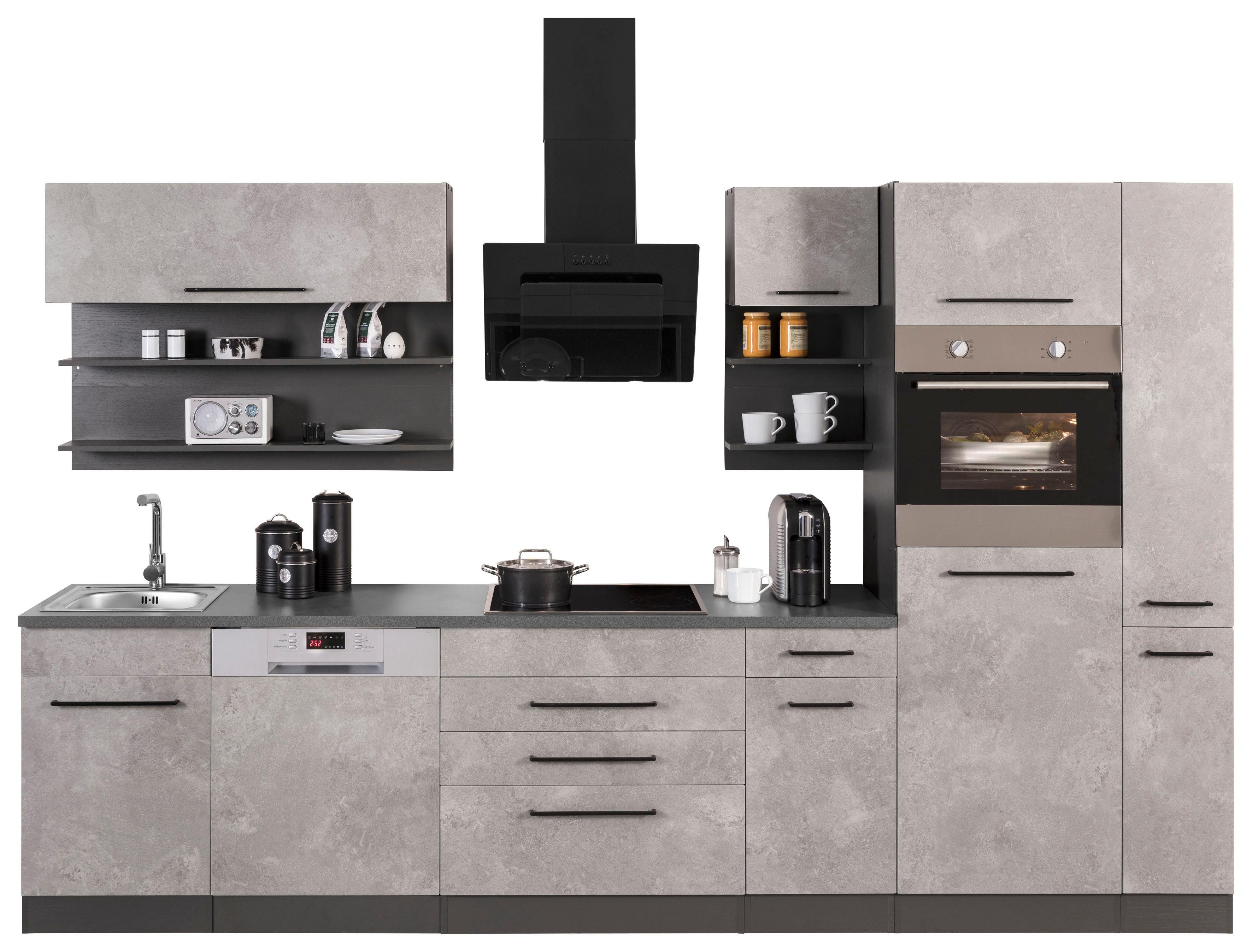 HELD MÖBEL Küchenzeile Tulsa, mit E-Geräten, Breite 320 cm, schwarze Metallgriffe, MDF Fronten