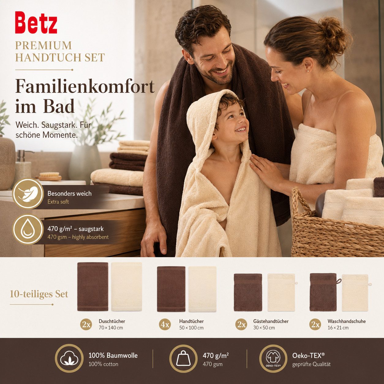 Betz Handtuch Set Premium Handtuch Set 10-teilig, 100% Baumwolle (Set, 10-St), 2 Duschtücher, 4 Handtücher, 2 Gästehandtücher & 2 WH – Bild 3 von 5