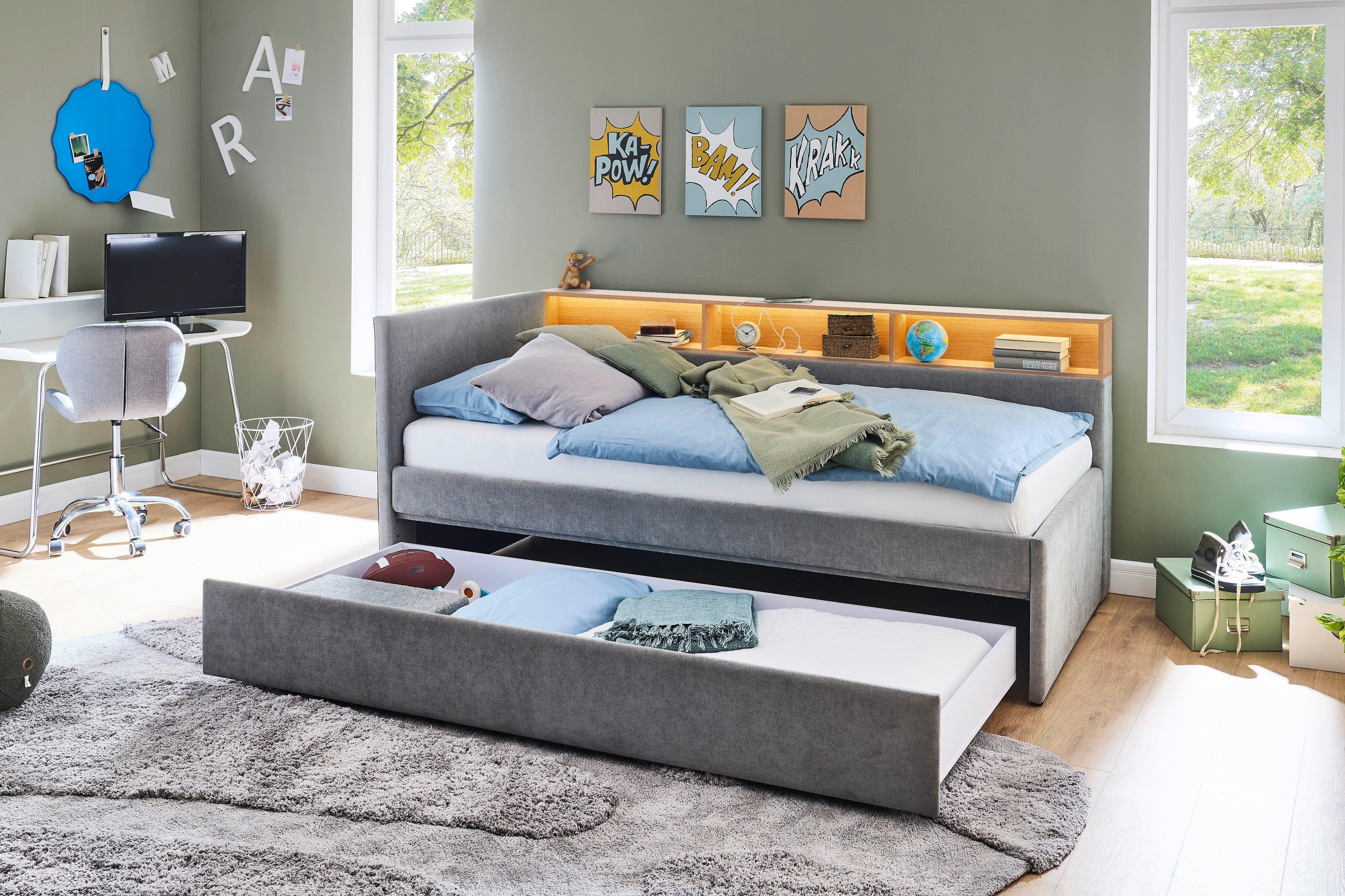 meise.möbel Kinderbett UNO, Polsterbett wahlweise mit Tandemliege oder Stauraum-Schublade (Bett mit Aufsatzregal in weiß oder eiche, mit LED-Regalbeleuchtung), Liegefläche 90x200, 120x200, 140x200cm
