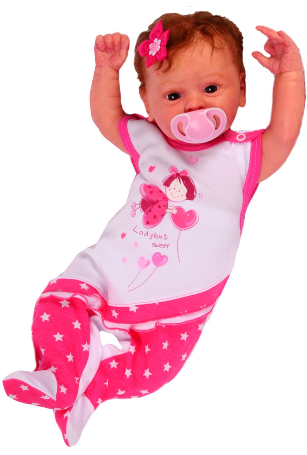 La Bortini Strampler Baby Einteiler Stramplerhose in Weiß Pink mit Sternchen aus reiner Baumwolle, mit Marienkäfer Aufdruck 44 50