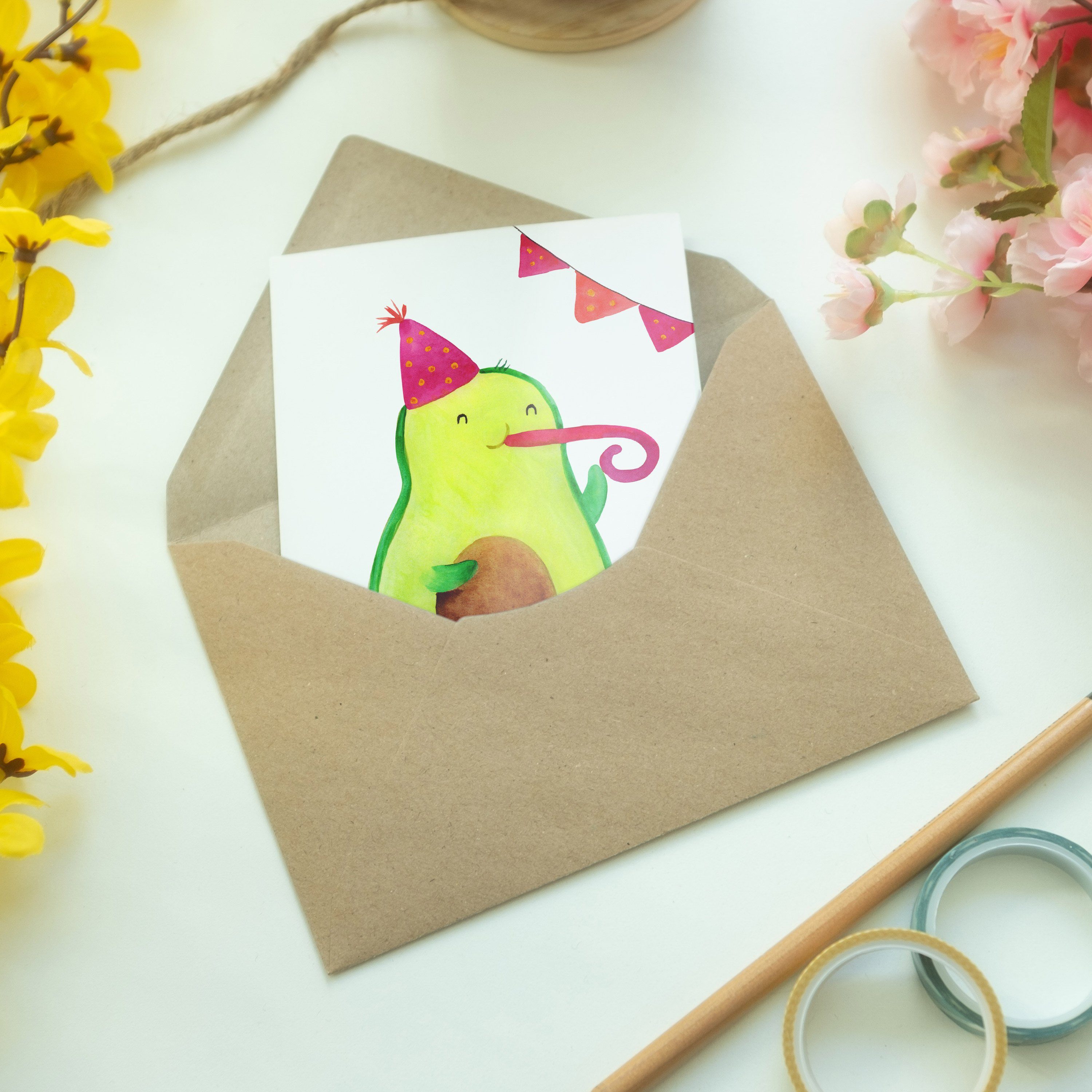 Grußkarte Panda & Geschenk, - Mrs. Mr. Party Veggie, Hochzeits - Klappkarte, Karte, Avocado Weiß
