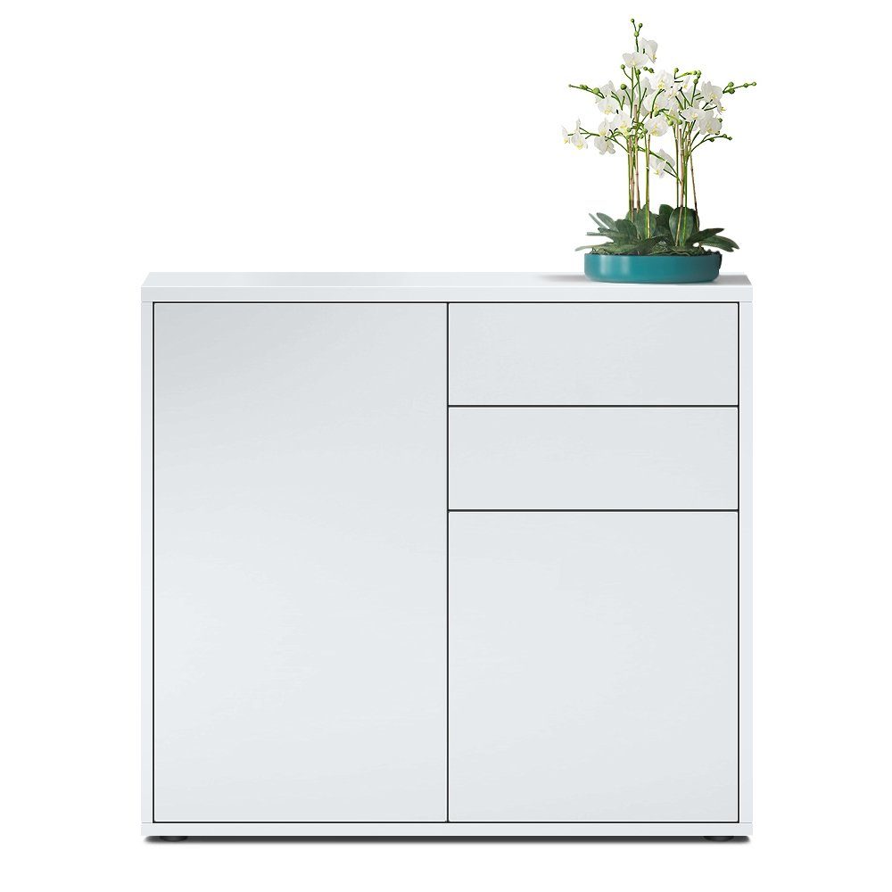 Vladon Kommode Ben V1 (Kommode, mit 2 Türen und 2 Schubladen), Weiß matt/Weiß matt (79 x 74 x 36 cm)