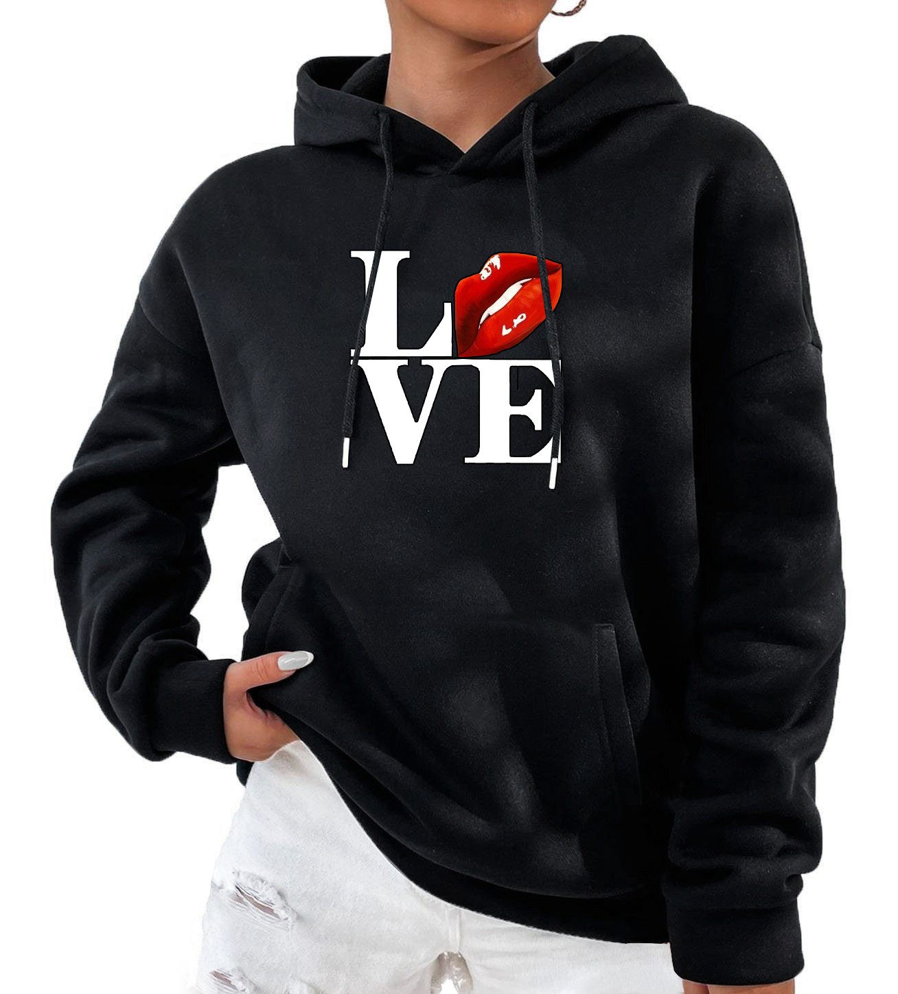 RMK Hoodie Damen Pullover Oversize Love mit Baumwolle, Winter Kapuzenpullover