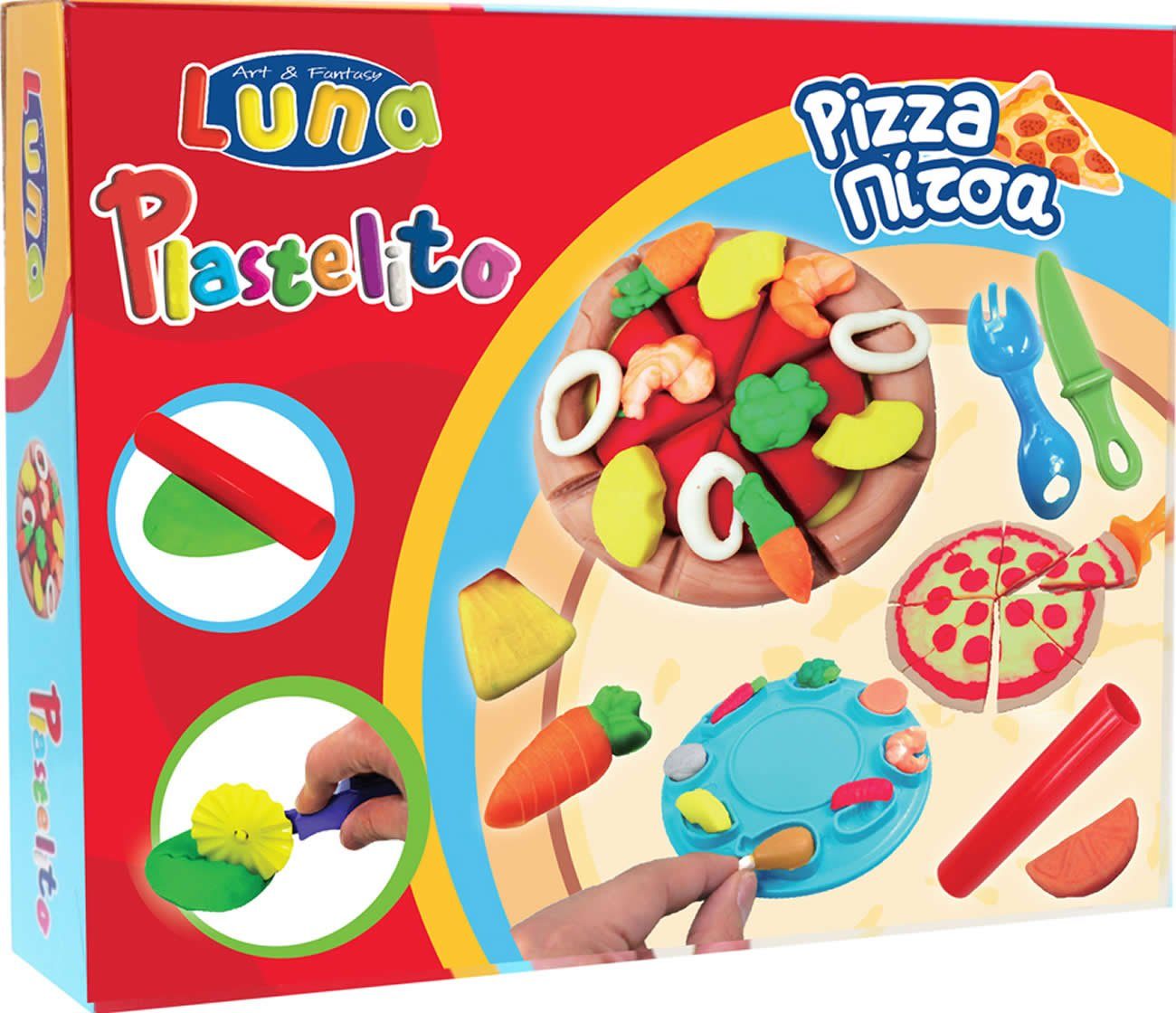 Diakakis Knetform-Set Pizza mit 3 Dosen Soft Knete Werkzeug