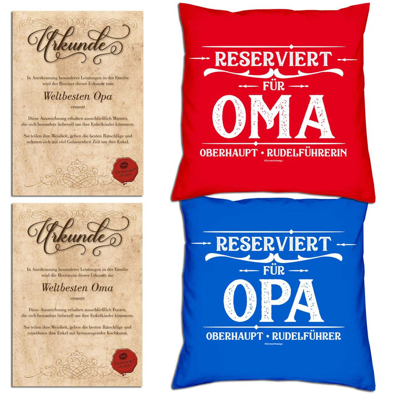 Soreso® Dekokissen Kissen-Set Reserviert für Opa Reserviert für Oma mit Urkunden, B/T 40x40 cm, mit Reißverschluss, komplett mit Füllung rot