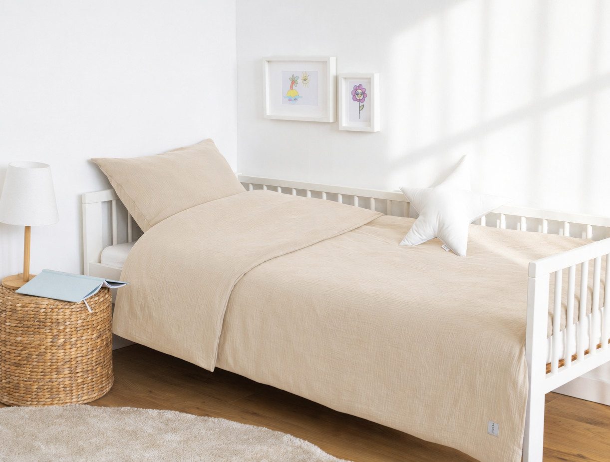 Loolay Kinderbettwäsche MUSSELIN Beige Baumwolle Set viele Größen IKEA passend Kinder Jugend, Atmungsaktive Musselin Bettwäsche - weich & angenehm auf der Haut!