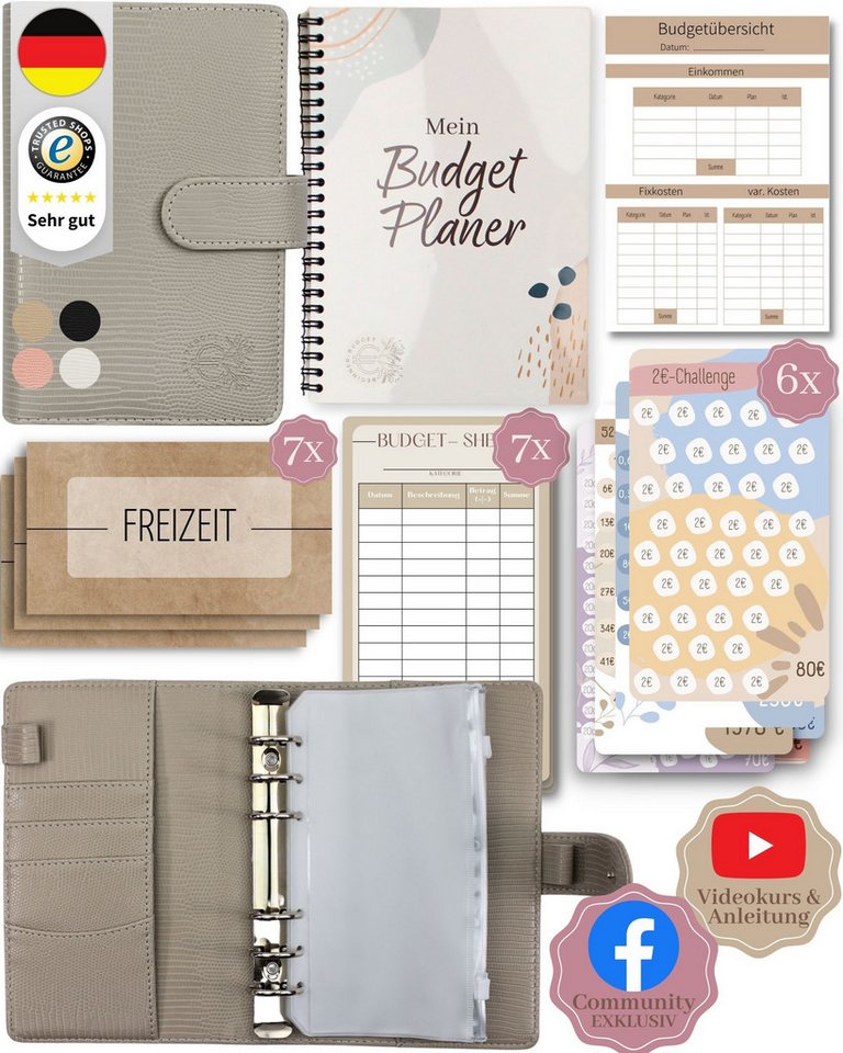 BeginnerBudget Ringbuchkalender Budget Planner & Haushaltsbuch Starter-Set: Sparbuch & Spar-Challenges, Sparen mit Umschlagmethode + Anleitung - Ringbuch - Binder A6