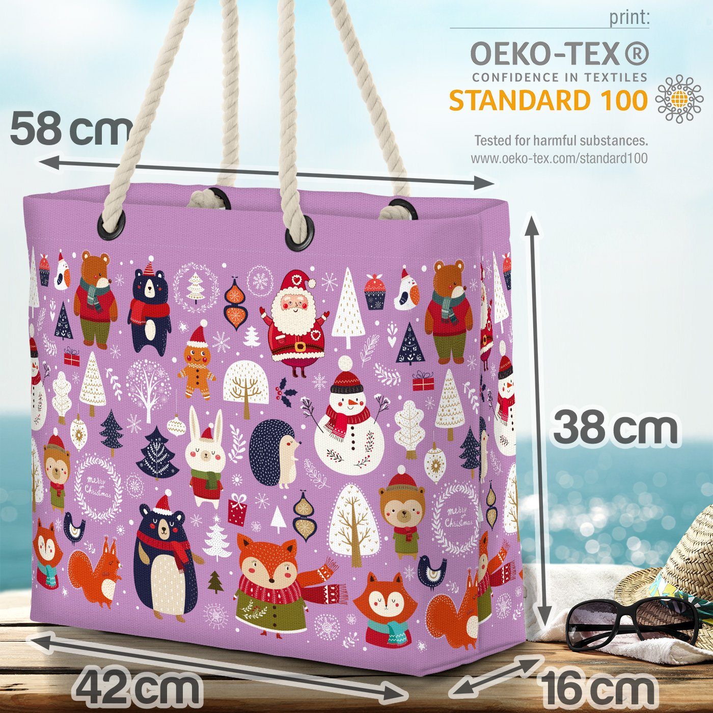 VOID Strandtasche (1-tlg), Tiere Weihnachten lila Kinderz Bag Tierkinder Beach Schneemann Winter Igel Hase