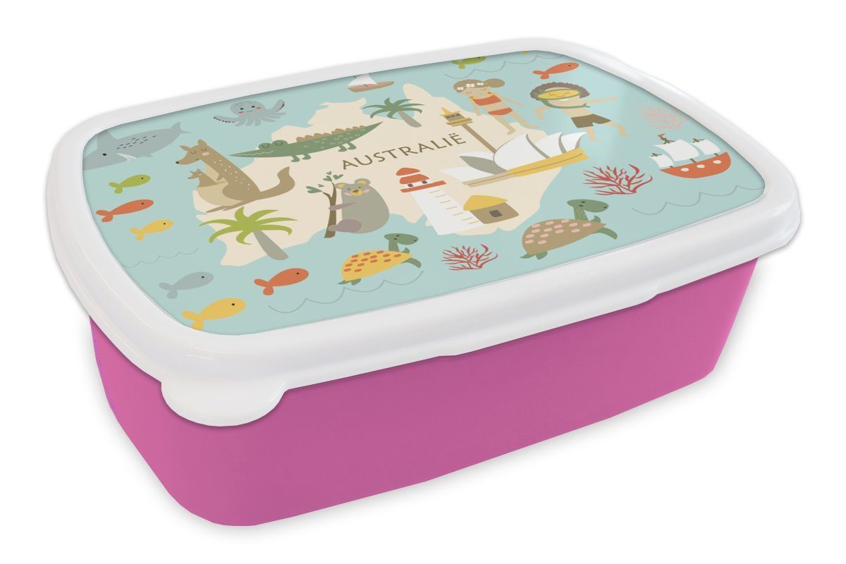 MuchoWow Lunchbox Weltkarte Kinder - Australien - Farben, Kunststoff, (2-tlg), Brotbox für Erwachsene, Brotdose Kinder, Snackbox, Mädchen, Kunststoff rosa