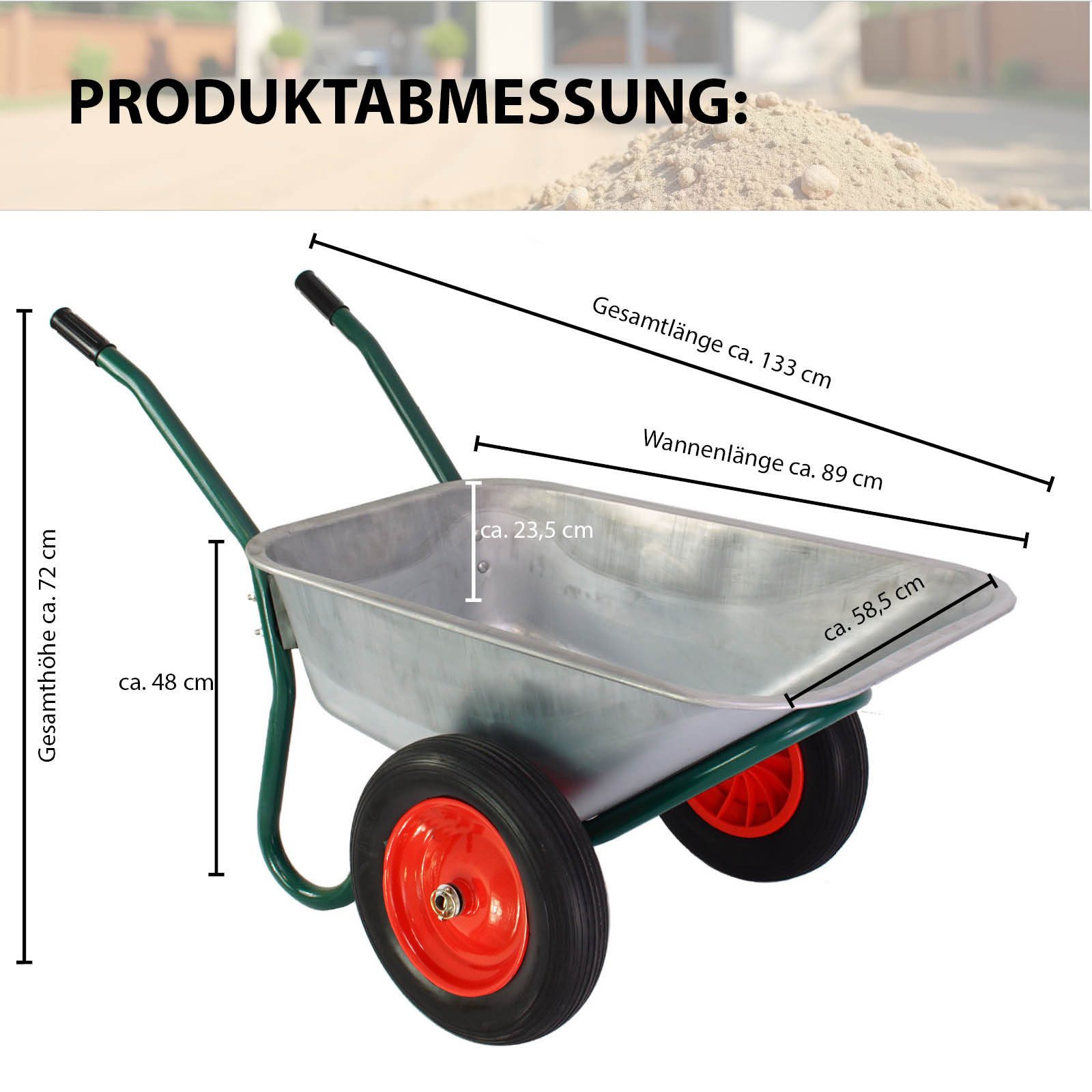 TRUTZHOLM Schubkarre 2-Rad 100 Liter 160 kg Tragkraft PU Vollgummirad Bauschubkarre, verzinkter Stahl