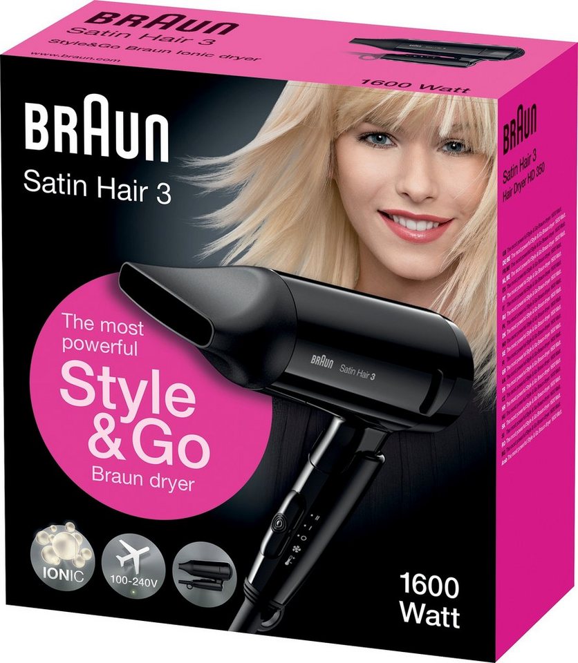 Braun Reisehaartrockner Braun Satin Hair 3 Style & Go, 1600 W, Faltbar,  Aufhängeöse für eine bequeme Aufbewahrung; Inkl. Styling Düse