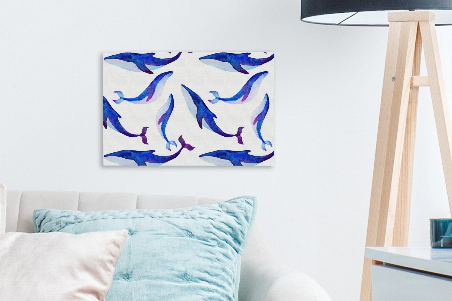 OneMillionCanvasses® Leinwandbild Illustration cm mit auf von Walen Wandbild Aufhängefertig, St), weißen, (1 einem blauen 30x20 Wanddeko, Muster Leinwandbilder, einem