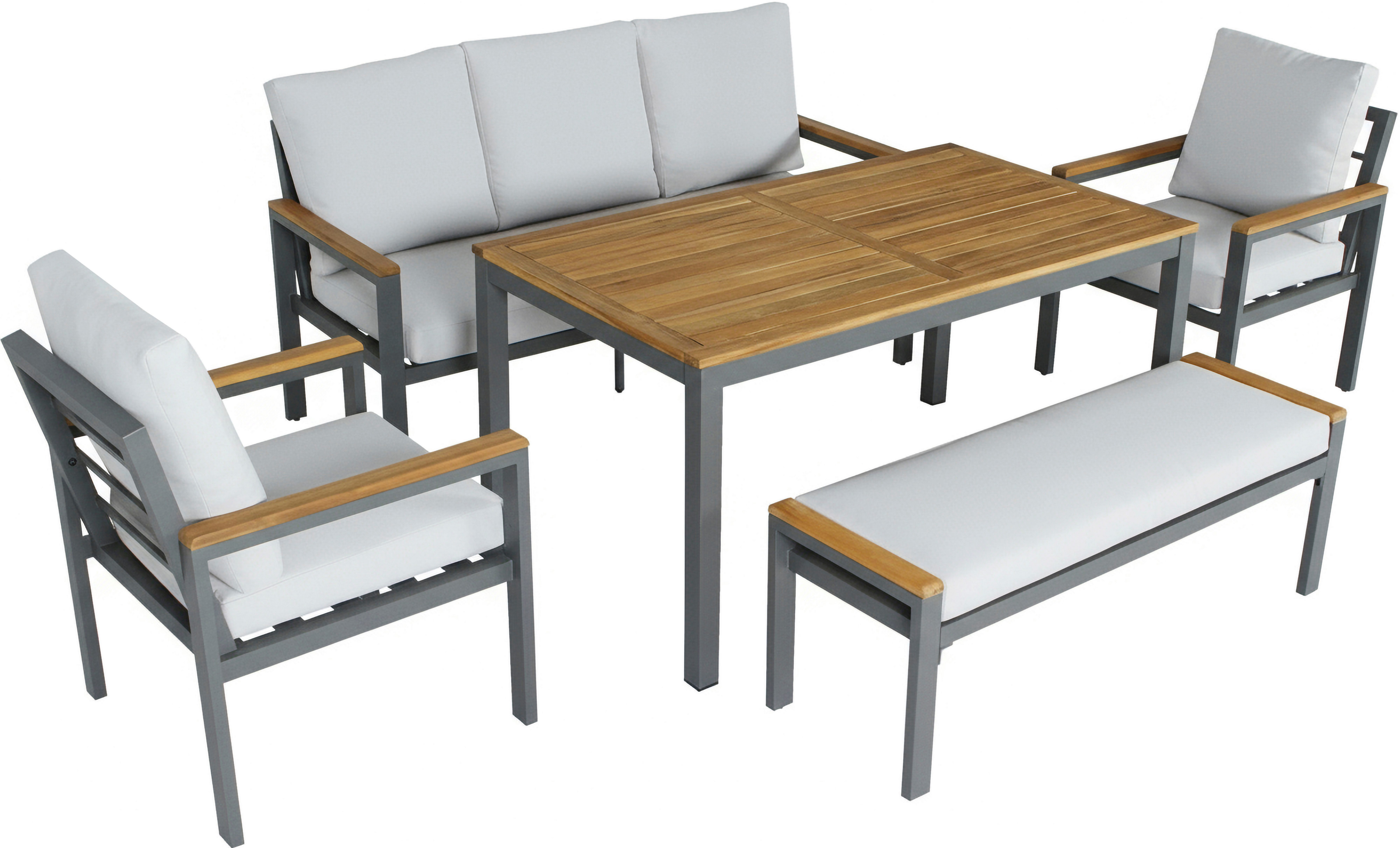 KONIFERA Garten-Essgruppe Salamanca, (Set, 14-tlg., 3erBank, 2x Sessel,1x Bank,1x Tisch,4x Sitzauflagen,5x Rückenauflagen), bestehend aus 2 Sesseln, 1 Tisch, 1 Bank, 1 Sofa und Auflagekissen. Reduzierter Preis € 699,99. Unverbindliche Preisempfehlung € 1.799,99