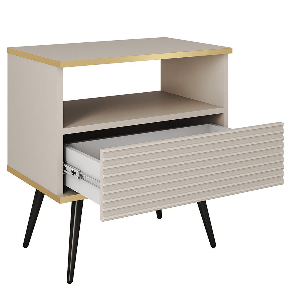 Lomadox Nachtschrank OLOVO-160 Beige, goldfarbenen Details, Rillenfront, Metallbeine in Schwarz
