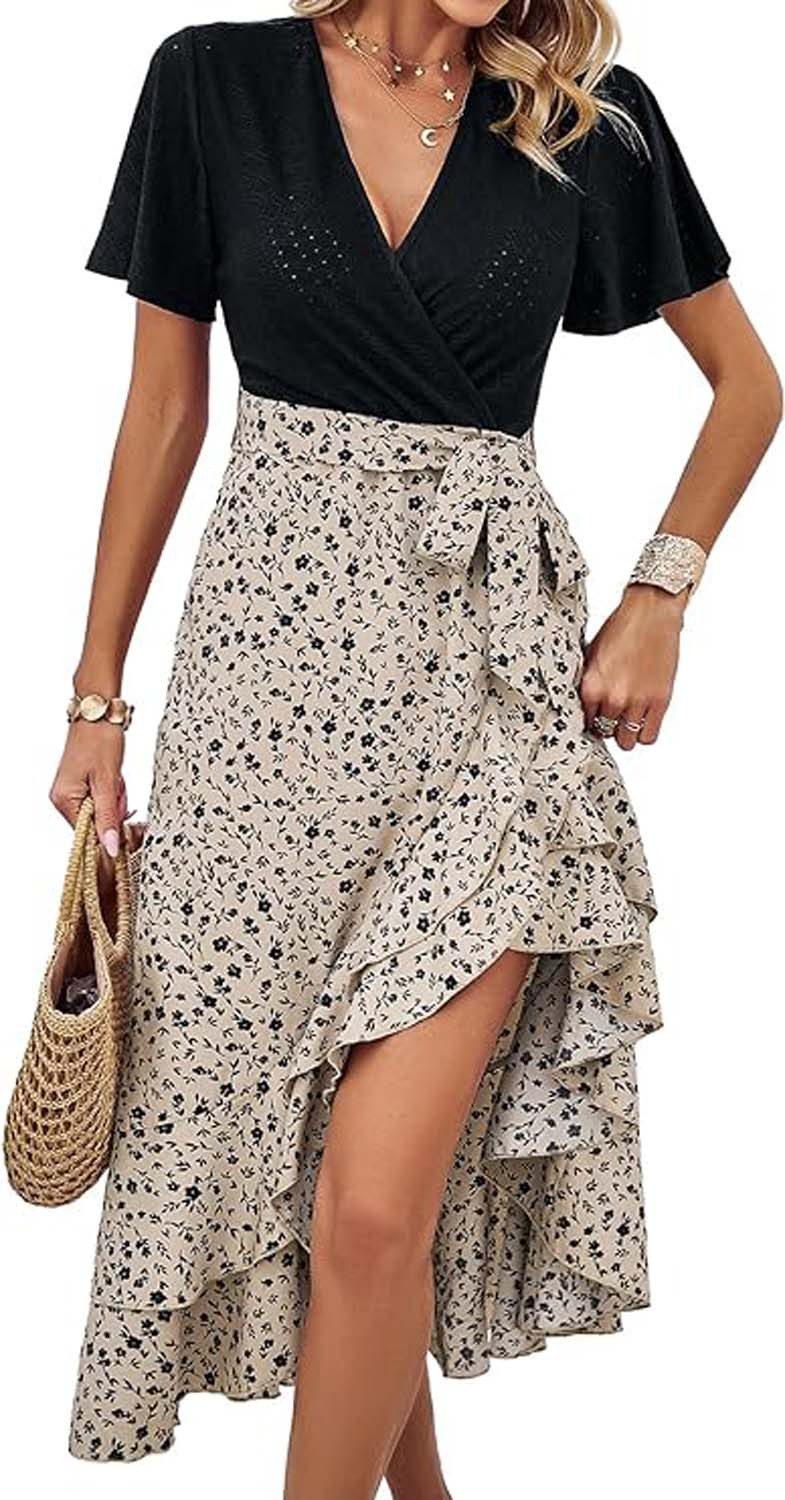 KIKI A-Linien-Kleid Sommerkleid Elegant Schlitz Blumenkleid Leichte Knielang Freizeitkleid