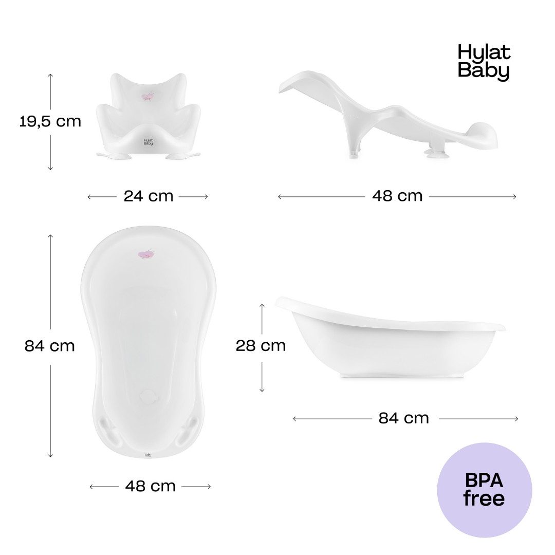 Hylat Baby Babybadewanne Badewannen-Set mit TÜV – Wanne, Sitz, Ständer, Ablauf, 4-tlg. Baby Bade-Set mit TÜV & Ablauf, Hug me - Weiß