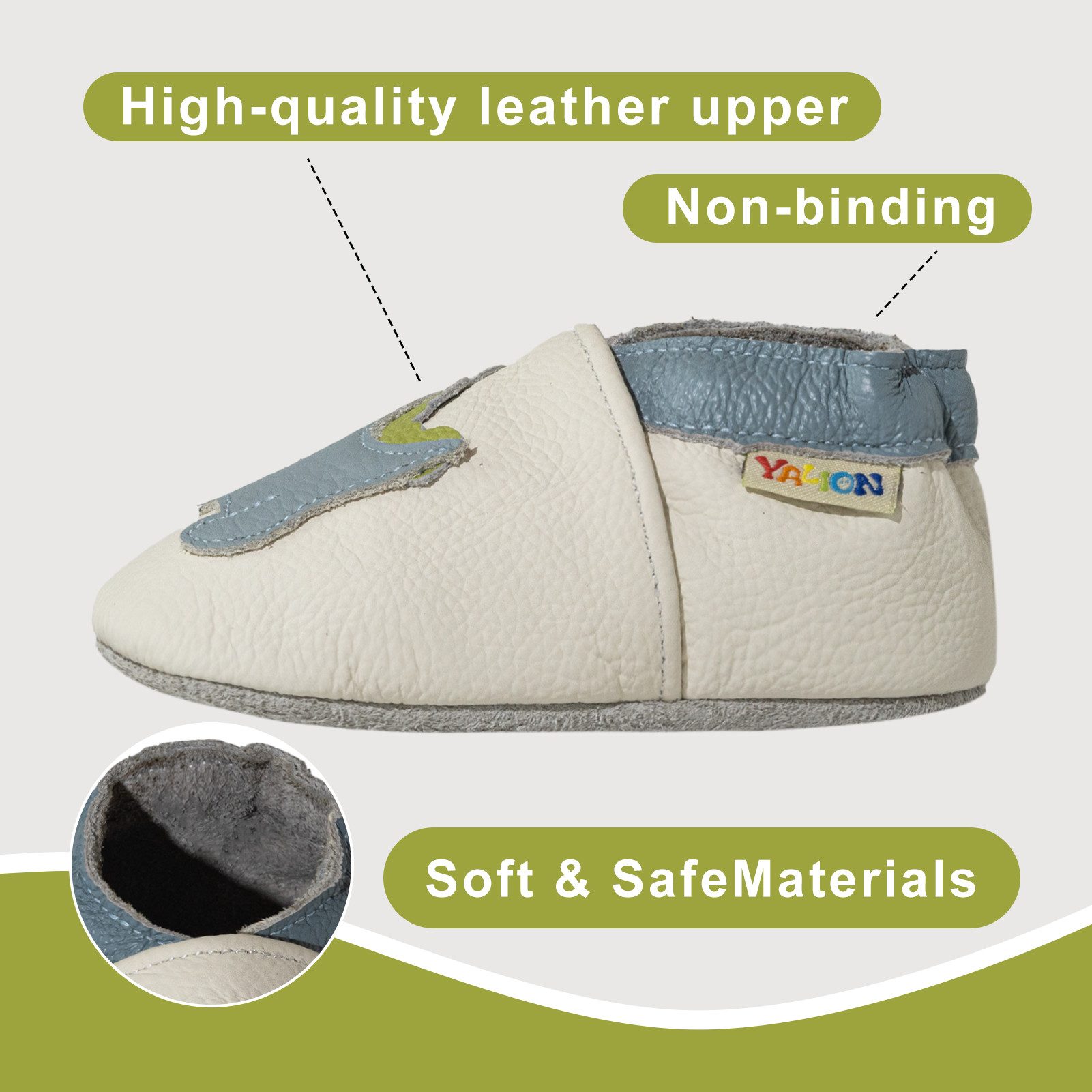 Yalion Weiche Leder Lauflernschuhe Hausschuhe Lederpuschen Dino Weiß Krabbelschuh – Bild 5 von 5