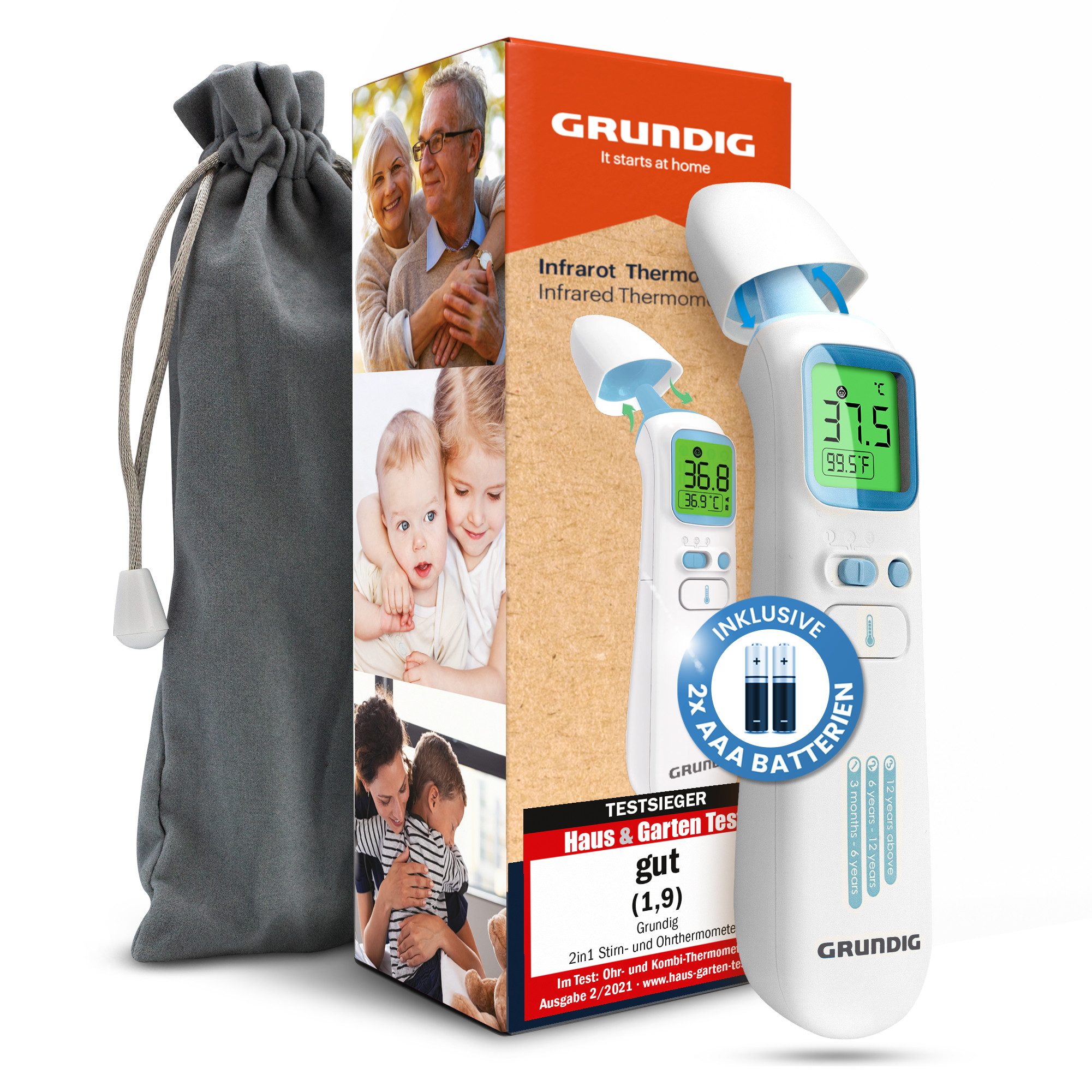 Grundig Infrarot-Fieberthermometer Thermometer Testsieger hochpräzise kontaktlos, mit Batterien, hochpräzise kontaktlos und digital Fieber an Ohr Stirn und Objekten