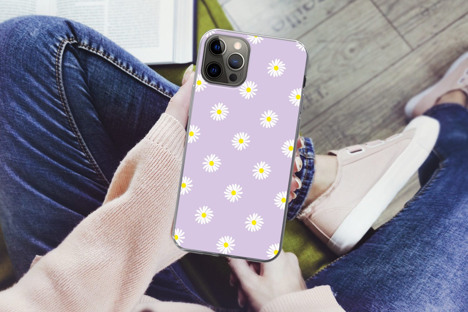 MuchoWow Handyhülle für Apple iPhone 13 Pro Max Gänseblümchen - Pastell - Weiß - Lila - Bl, Smartphone-Bumper, Print, Handy Schutzhülle Dünn