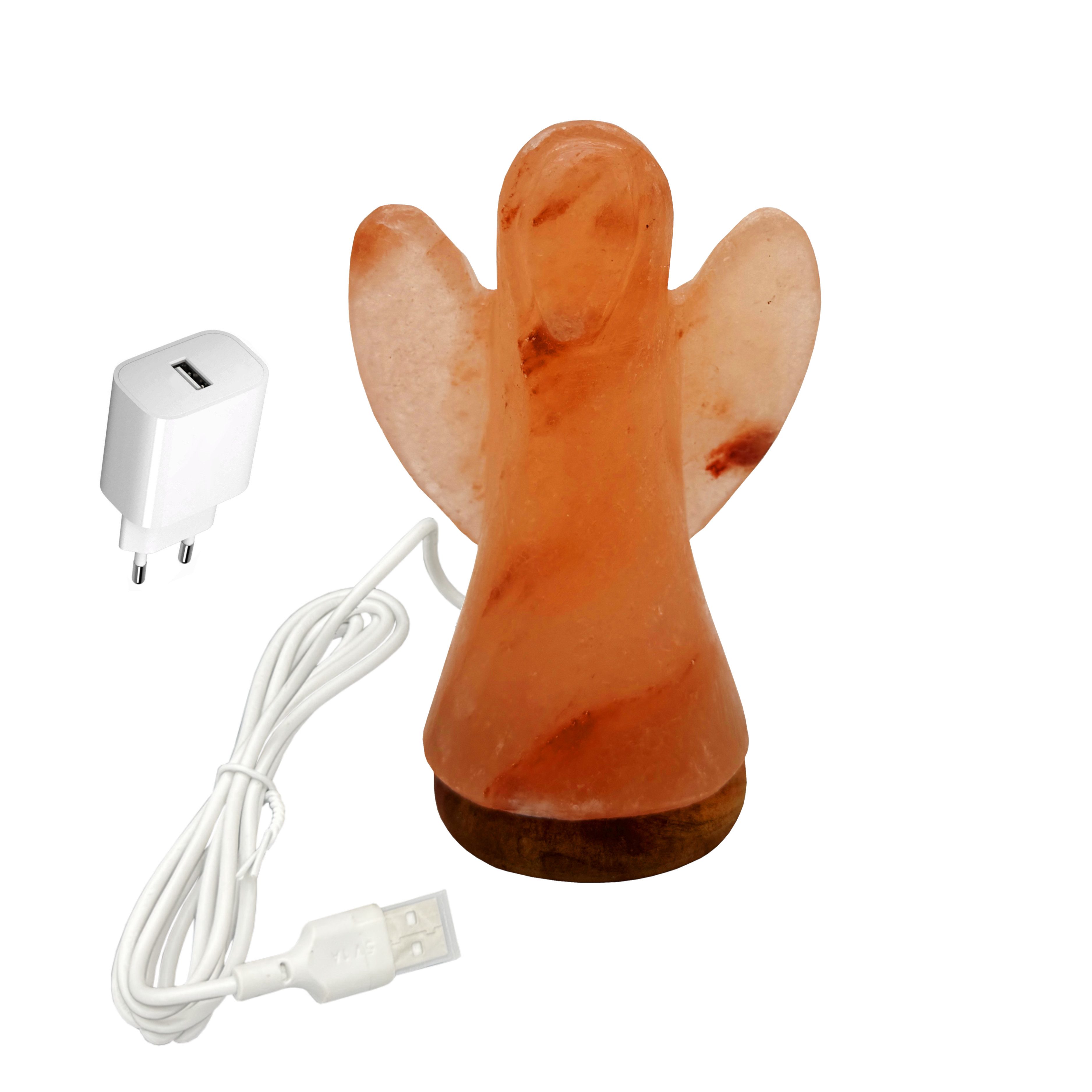 HAF LED Nachttischlampe LED Beleuchtete USB Salzlampe ENGEL Rosa Kristallsalz mit Holzsockel, LED, Rosa, Als Tischlampe für Büro & Schlafzimmer