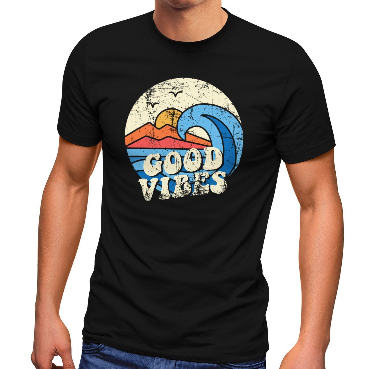 Neverless Print-Shirt Herren T-Shirt Good Vibes Welle Hippie Slogan Stateme günstig online kaufen