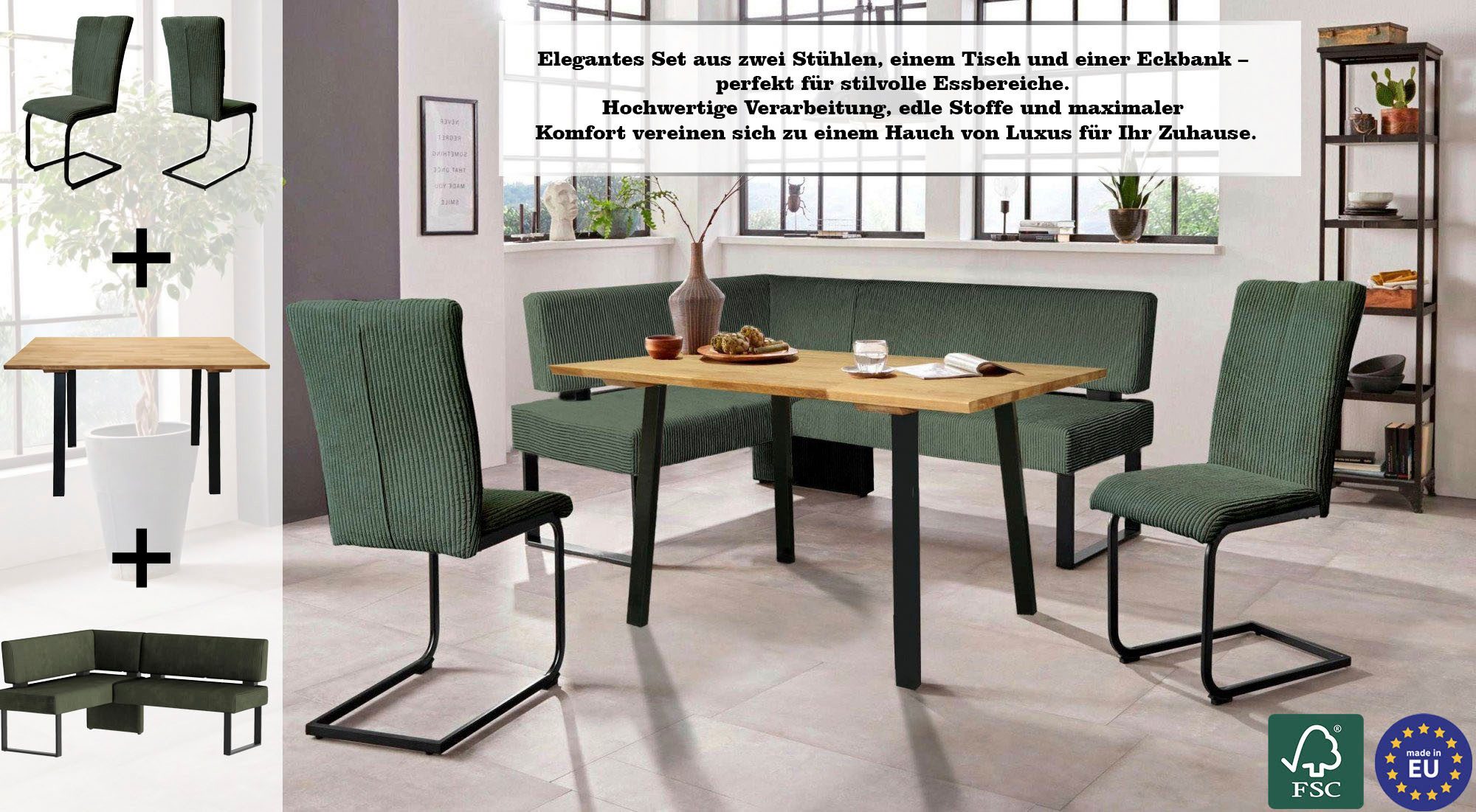 OTTO home Eckbankgruppe Oliver, (Set, 4-tlg., 4-tlg), Eckbank mit Wellenunterfederung im Sitz, Tisch Massiv Eiche