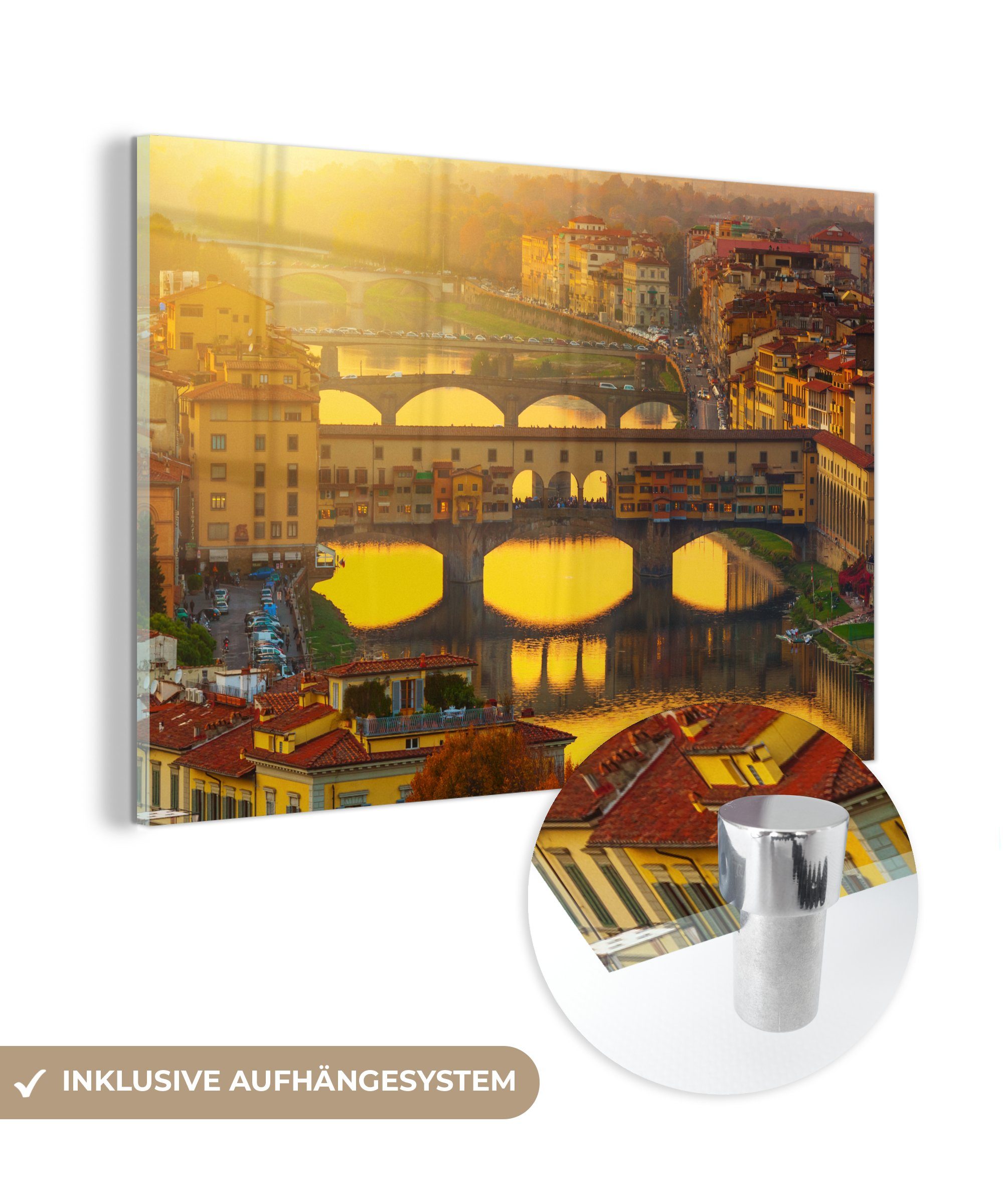 MuchoWow Acrylglasbild Beleuchtung der Ponte Vecchio durch die tiefstehende Sonne in Italien, (1 St), Acrylglasbilder Wohnzimmer & Schlafzimmer
