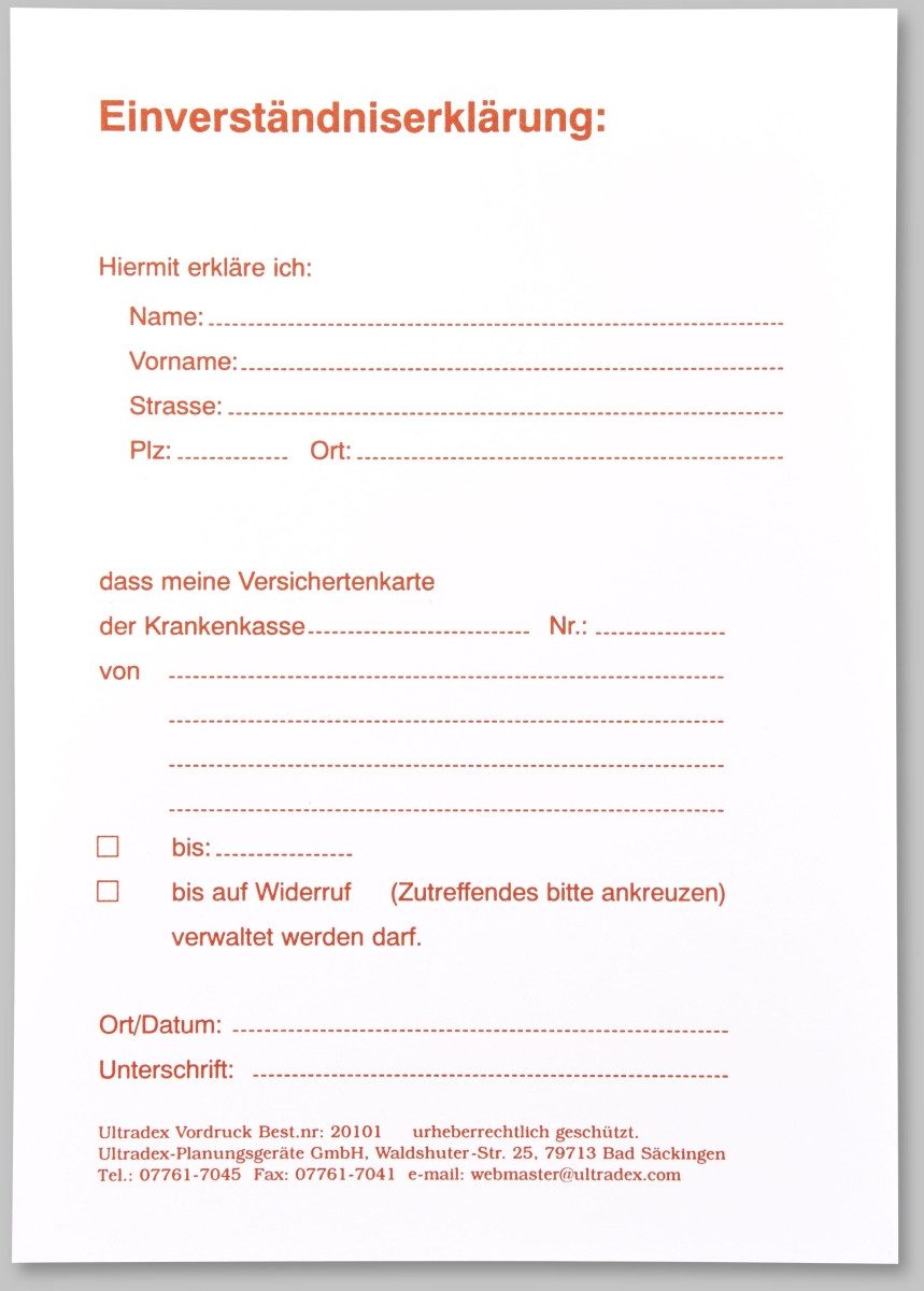 Formularblock Einverständnis-Erklärungen B148xH210mm weiß DIN A5 VE 50 Stück.