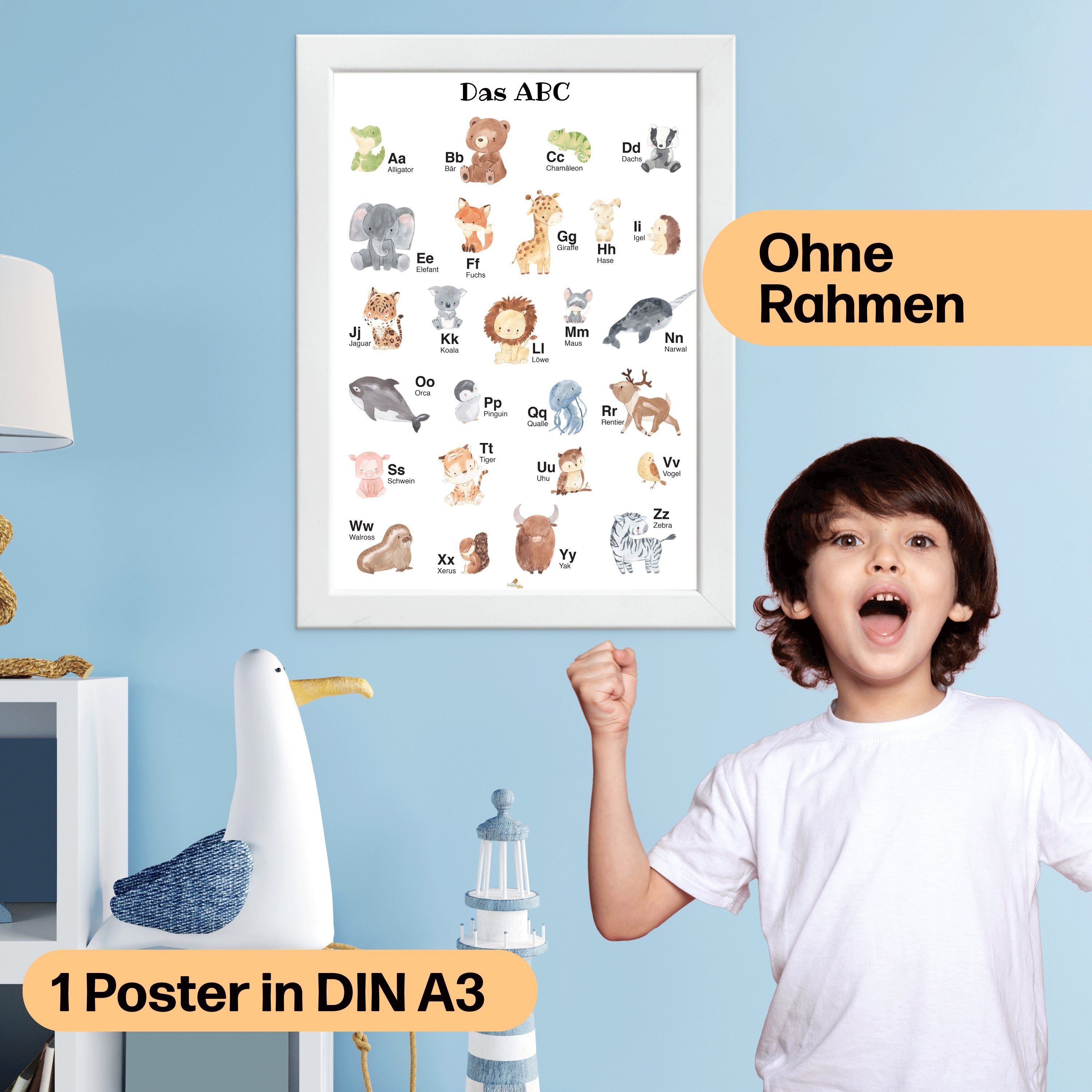 Tier CreativeRobin mit Deko, Babyzimmer Alphabet ABC Poster A3 als Poster Größe