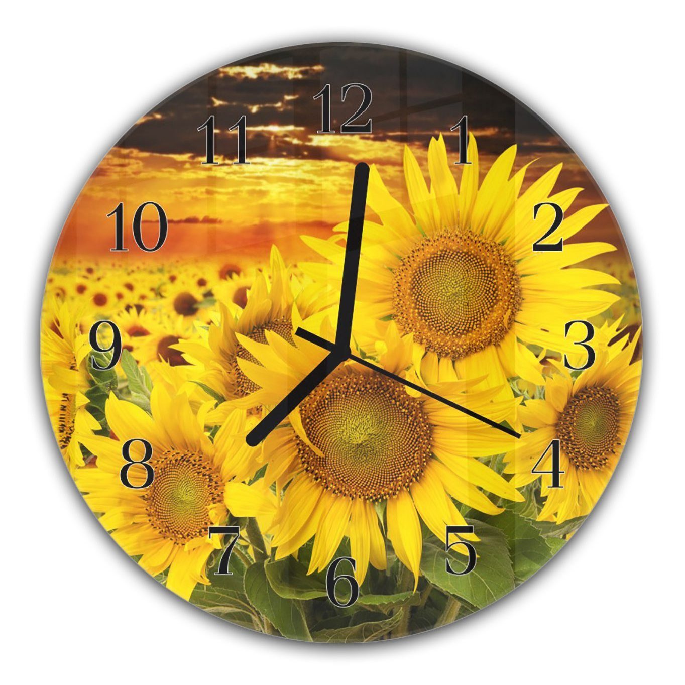 Primedeco Wanduhr Wanduhr aus Glas mit Motiv Sonnenblumen im Sonnenuntergang - Rund mit Durchmesser 30 cm und Quarzuhrwerk