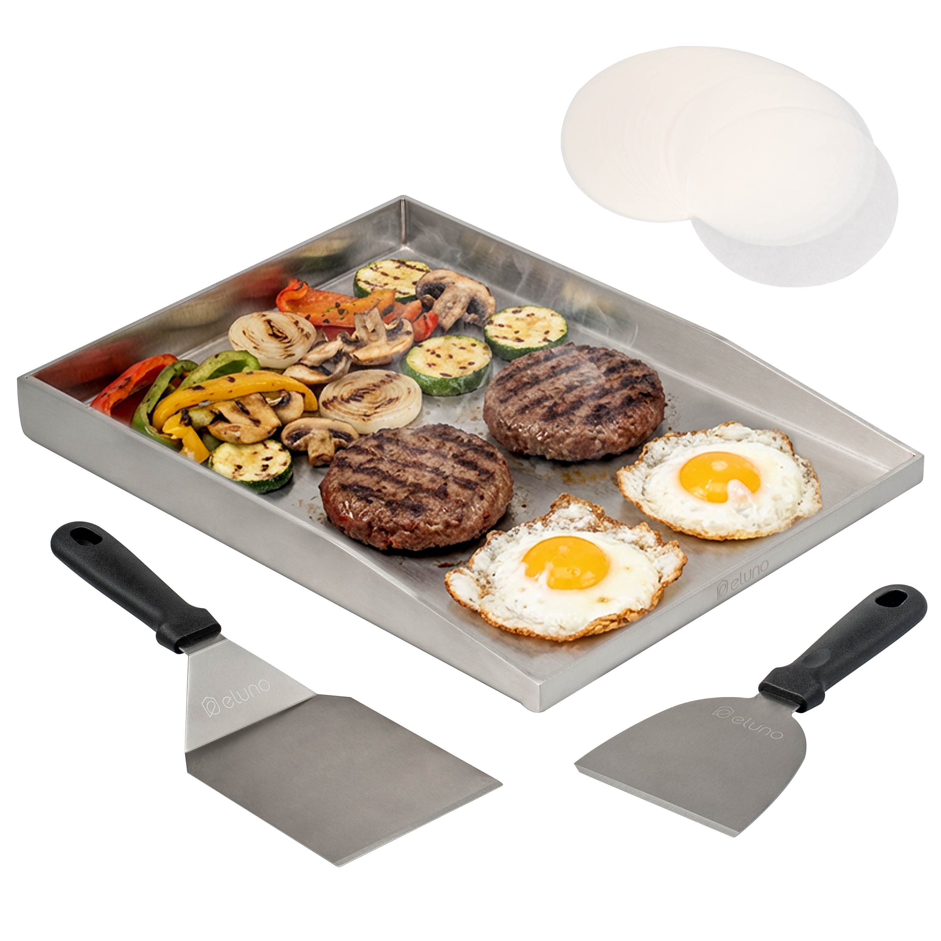 eluno Grillplatte Plancha-Set aus Edelstahl (4-St., 1x Plancha-Platte, 1x Grillwender, 1x Grillspachtel, 20x Burger-Papier), zwei Ablauflöcher in der Plancha-Platte