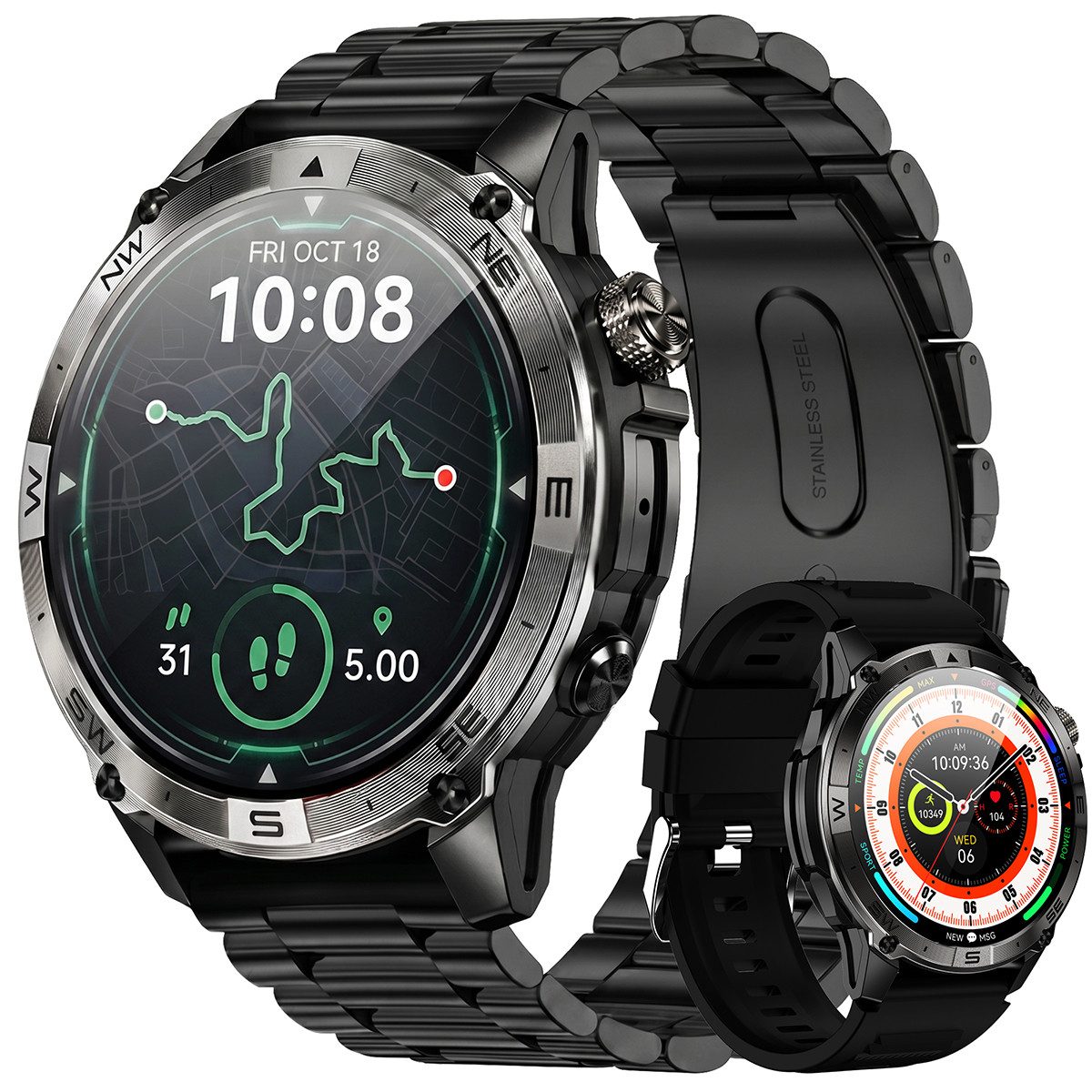Vashoy Smartwatches für Damen und Herren mit Bluetooth Anrufe & AMOLED Smartwatch (390mm cm/1.43 Zoll, Android4.4/ISO1.0) Spar-Set, 3-tlg., IP68 wasserdicht, 160+ Sportmodi, Puls, Schlaf, Schritte,für Herren, Damen, Android/iOS