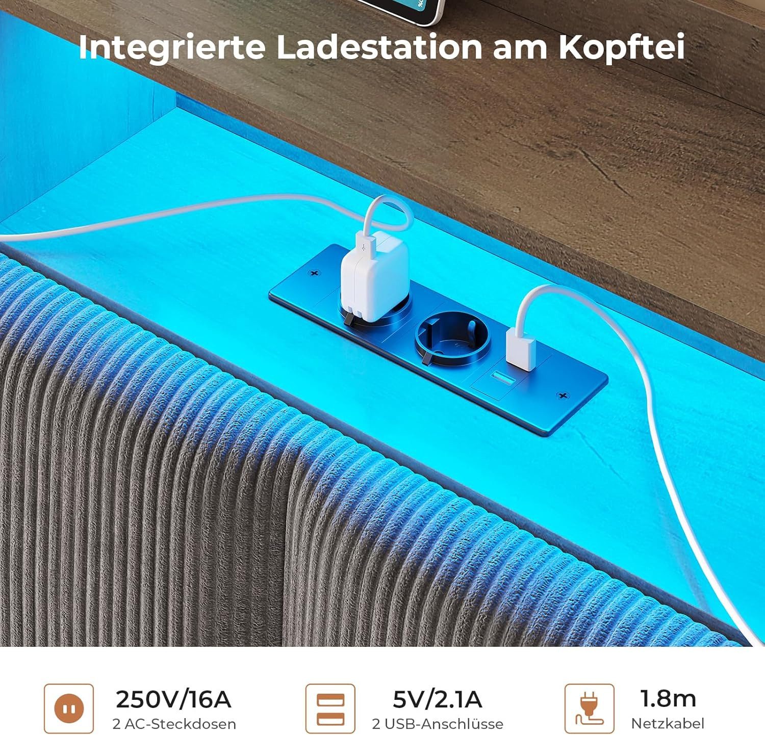 MSMASK Polsterbett Hydraulisches Stauraumbett mit LED Beleuchtung und Steckdosen (1-tlg., Ohne Matratze), Jugendbett mit Stauraum Kopfteil, 140x200cm – Bild 5 von 5